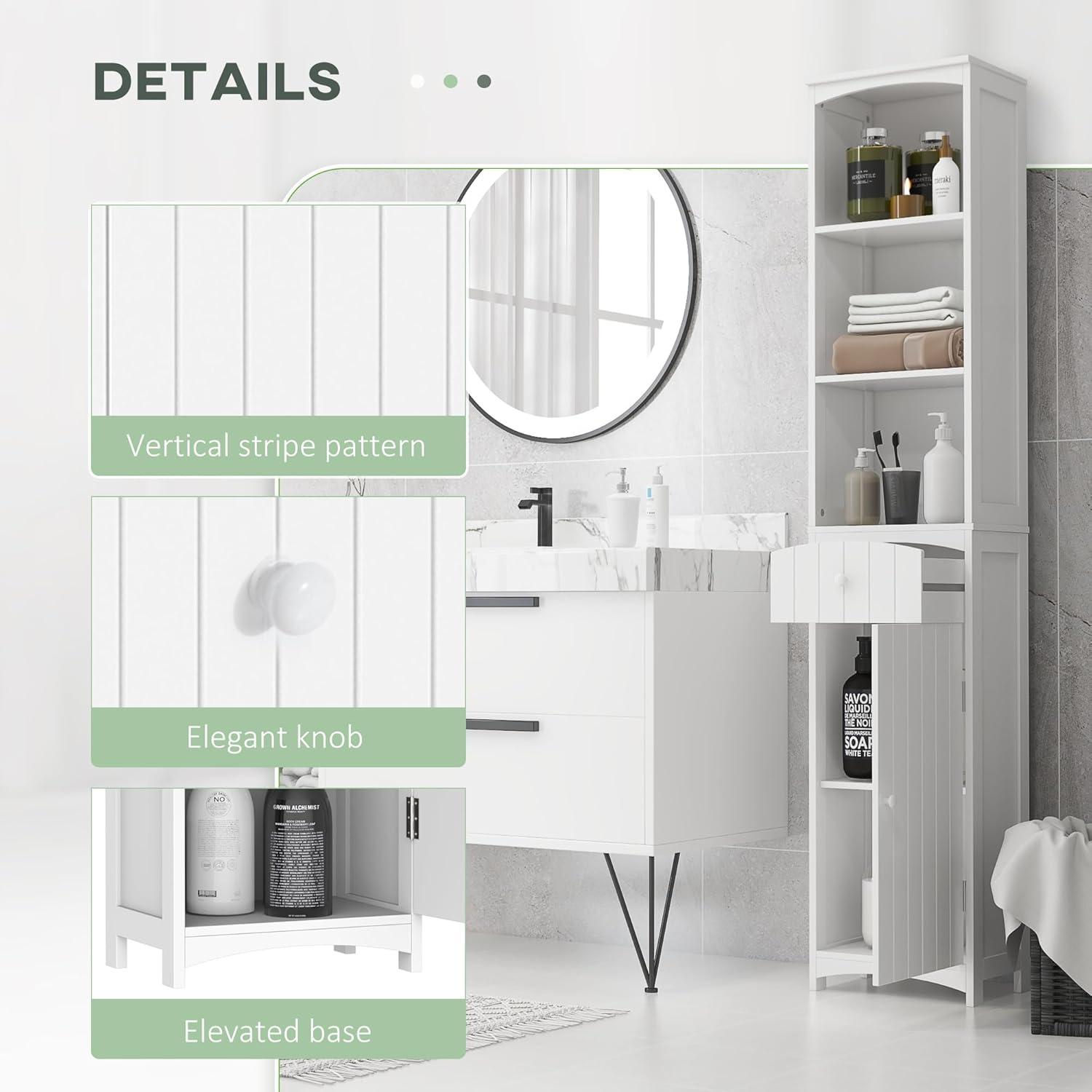 HOMCOM 67" Tall Bathroom Storage Cabinet, Freestanding Linen Tower with 3-Tier Shelf, Drawer and Cupboard, Narrow Side Floor Organizer, White