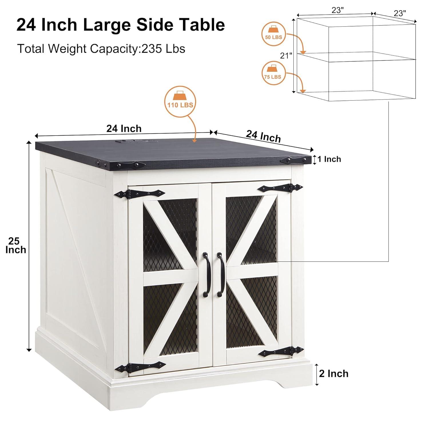 JXQTLINGMU Farmhouse End Table, 24" Large Sofa Side Table with Charging Station, Mesh Barn Door, and Adjustable Storage Shelf, Rustic Wood Square Nightstand for Living Room, Bedroom, Office, White