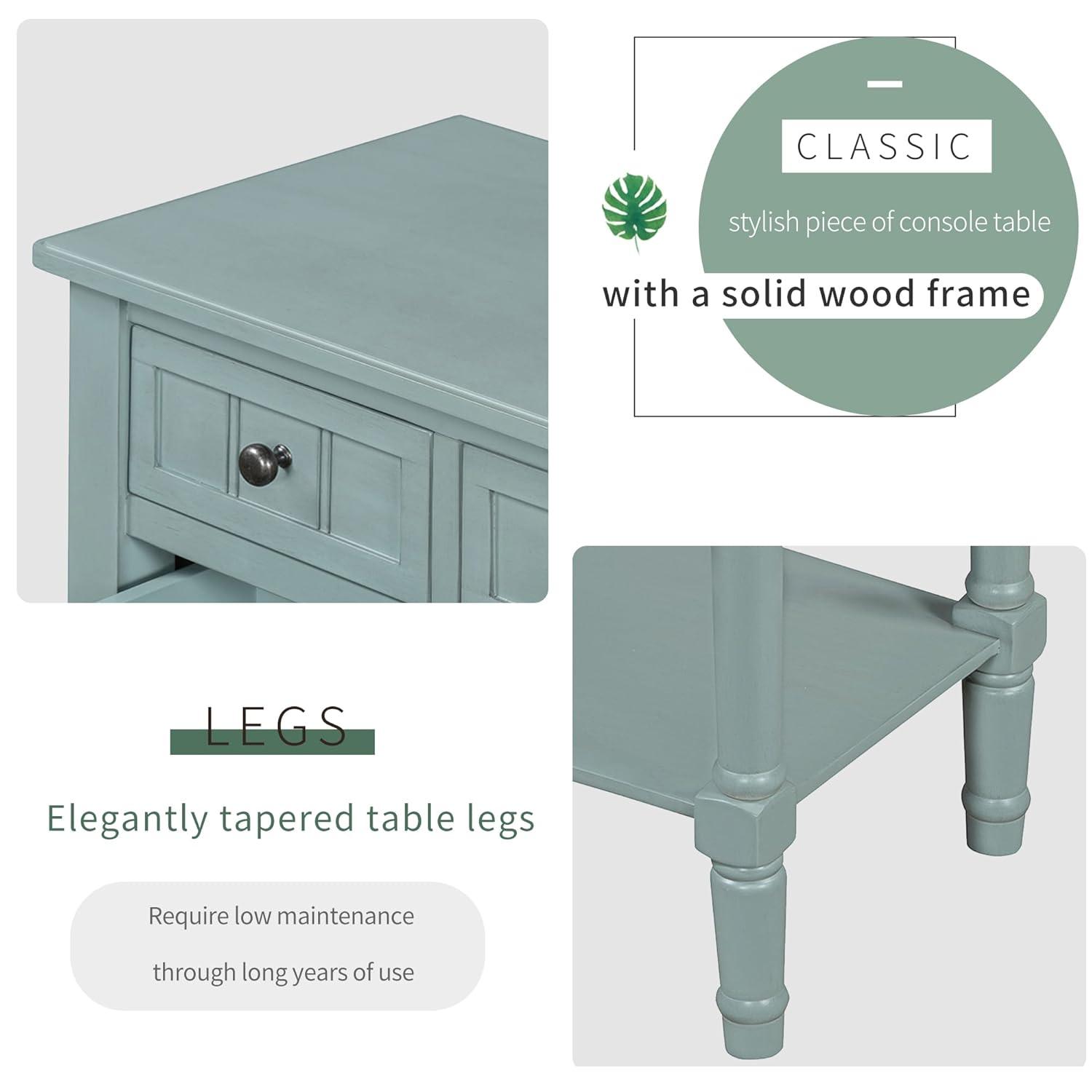 Churanty Narrow Console Table with Storage Drawers and Bottom Shelf for Entryway Living Room, Retro Console Table for Small Space, Light Blue