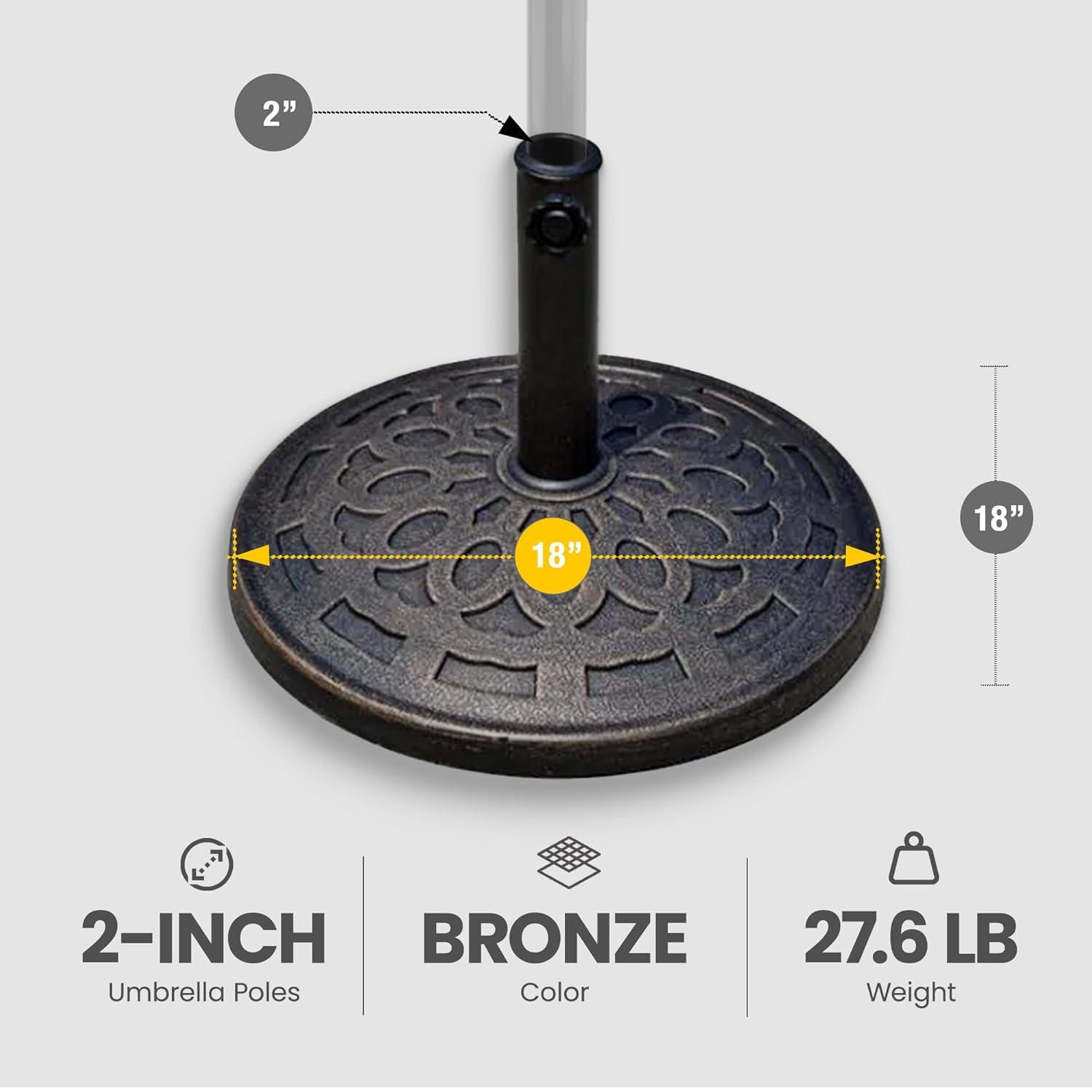 Four Seasons Courtyard Solid 18 Inch Round Base for 2 Inch Umbrella Poles to Shade Outdoor Backyard Garden, Patios, and Porches, Bronze