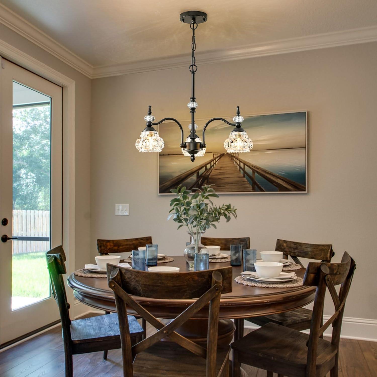 Black Chandelier, 3-Light Crystal Chandeliers for Dining Room, Farmhouse Dining Room Light Fixture, Dining Room Light Fixtures Over Table, Modern Hanging Pendant Lights for Bedroom, Kitchen Island