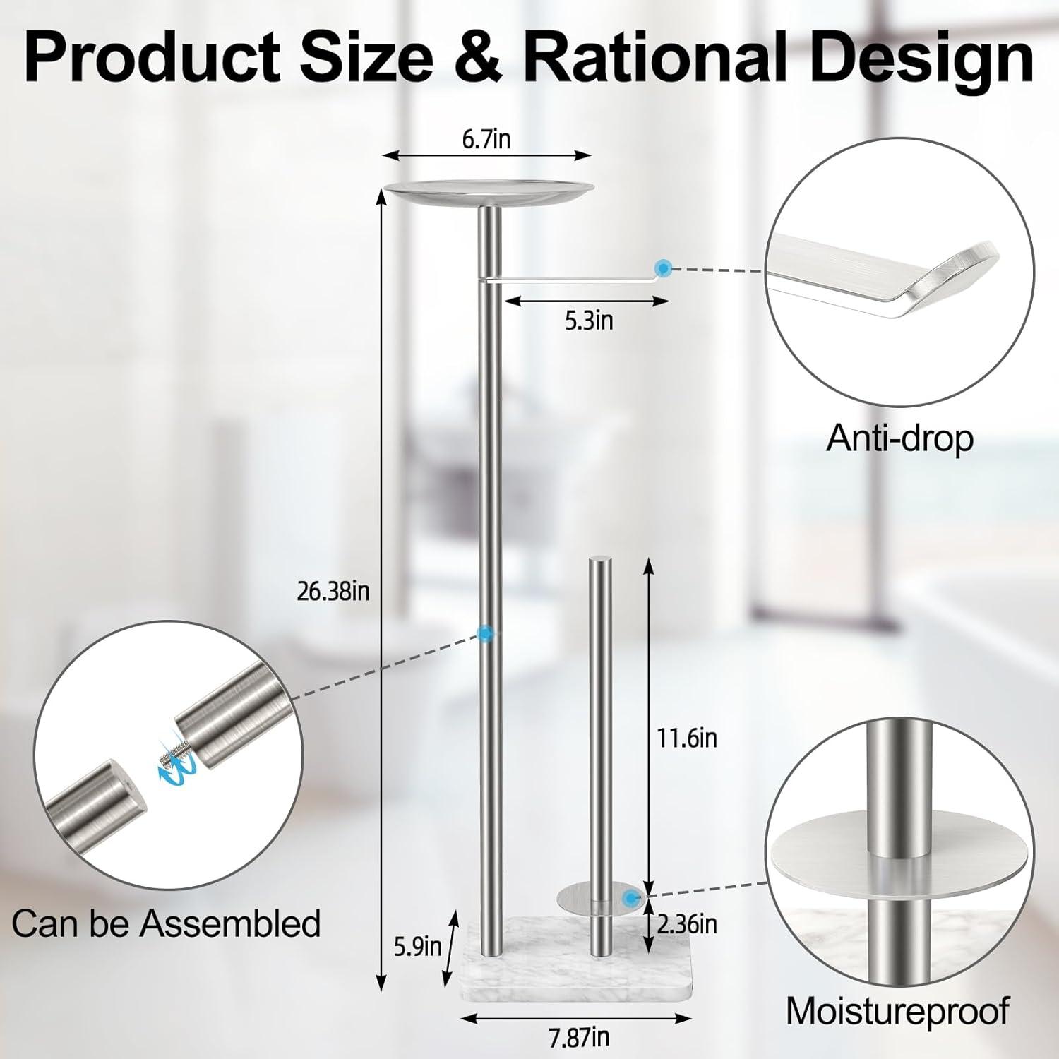 Toilet Paper Holder Free Standing With Marble Base: Stainless Steel Toilet Paper Holder Stand With Top Tray For Candles, Cell Phone And Wet Wipes, Storage 4 Mega Roll Papers (Brushed Nickel)