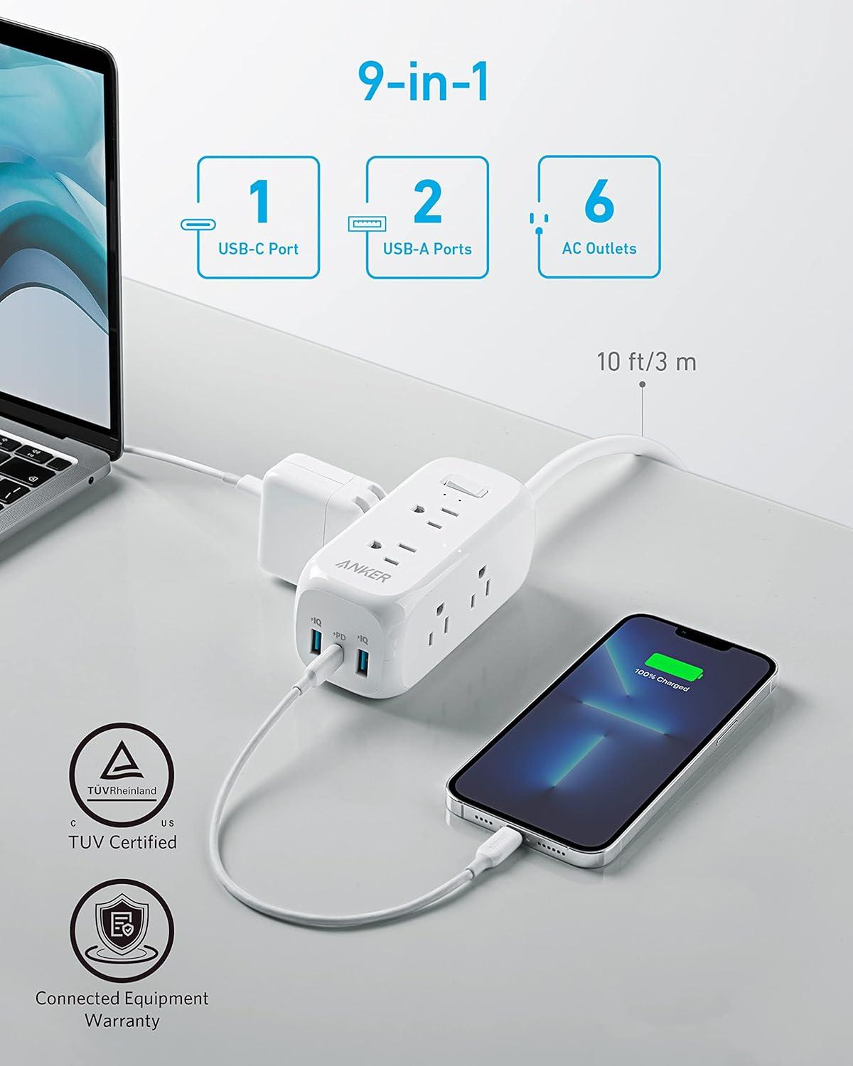 Compact White 6-Outlet USB-C Power Strip with Surge Protection