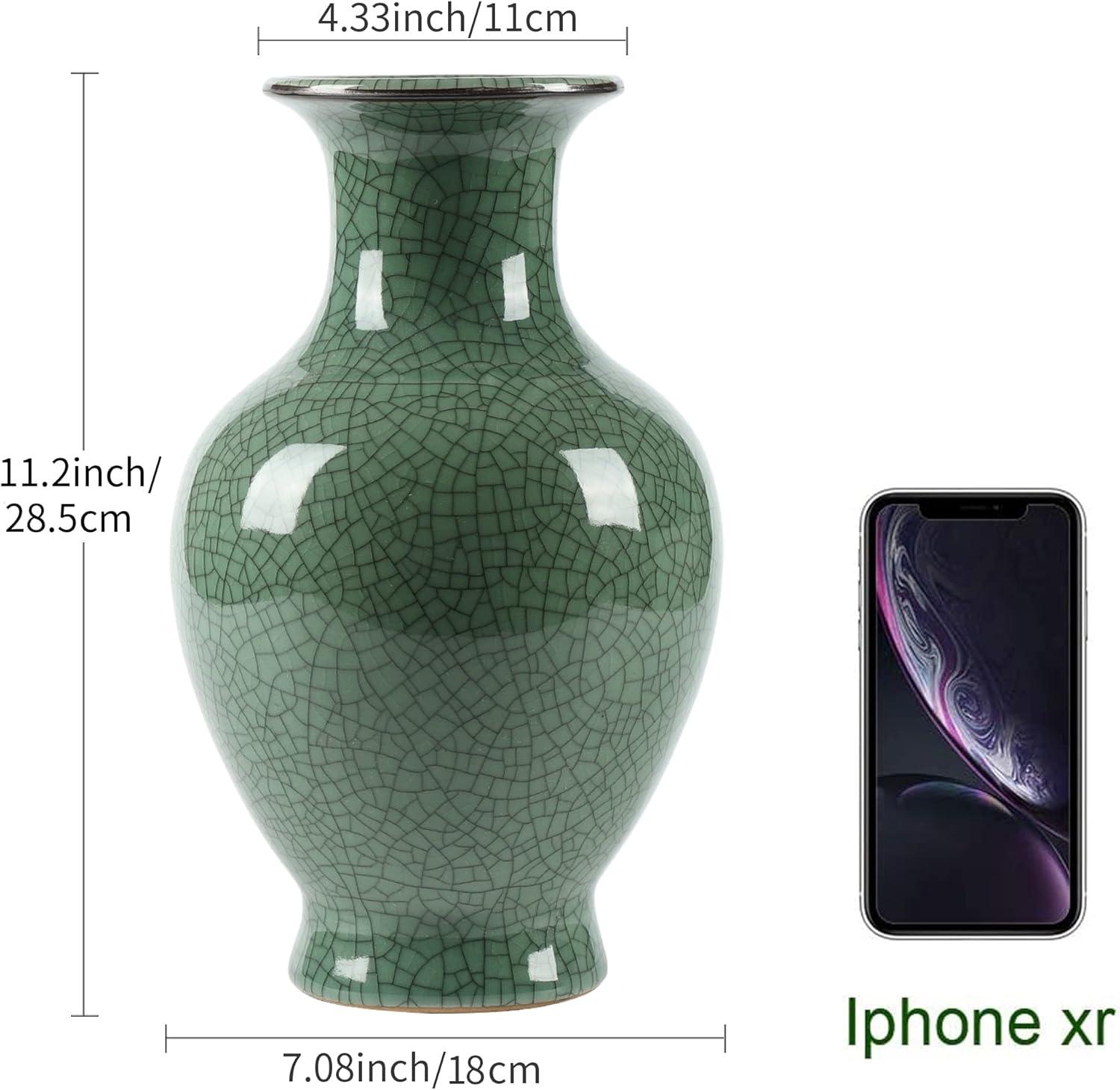 Green Ceramic Vase for Home Decor, Rustic Oriental Vases, Glazed Decorative Farmhouse Vase for Mantel, Table, Bookshelf, Living Room Decoration(Green)