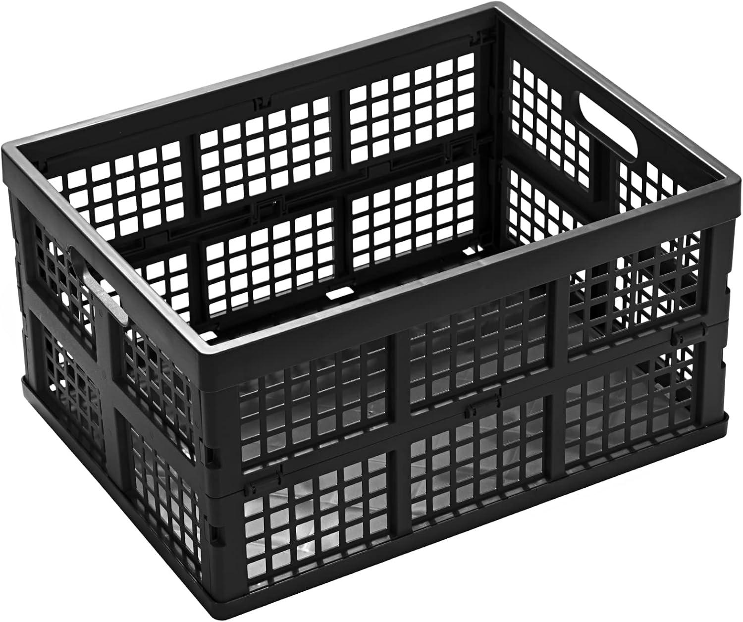 Eslite 34L Large Plastic Folding Storage Crates,Collapsible Crates for Storage,Pack of 3 (Black)