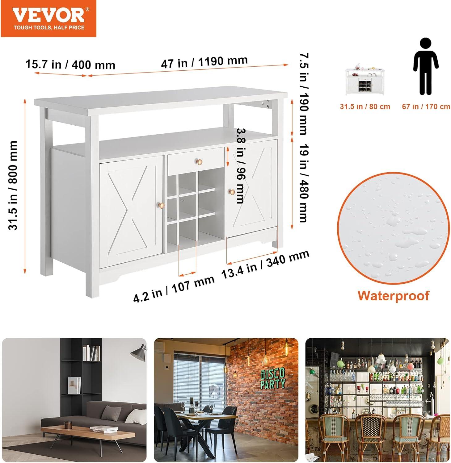 White 47'' Industrial Bar Cabinet with Wine Rack and LED Lights