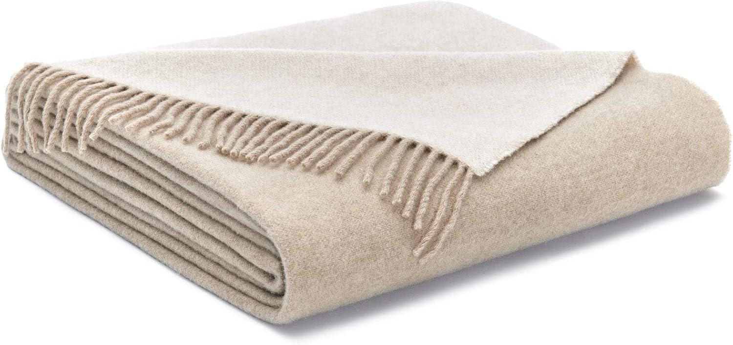 Beige and Sand Wool Cashmere Reversible Throw with Fringe