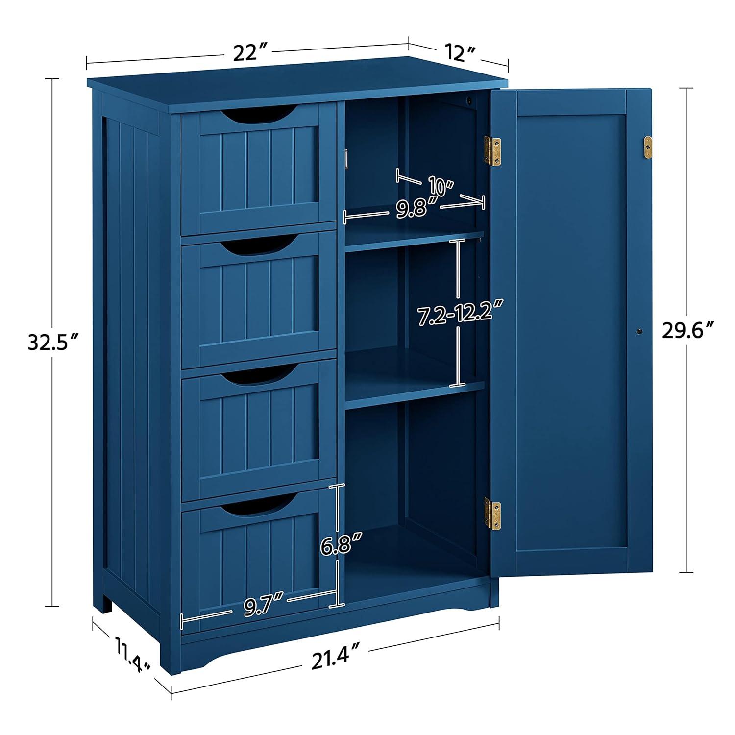 Topeakmart Wooden Bathroom Floor Cabinet, Free Standing Side Cabinet w/4 Drawers & 3 Tier Cupboard Storage Organizer Unit for Hallway/Entryway, Navy Blue