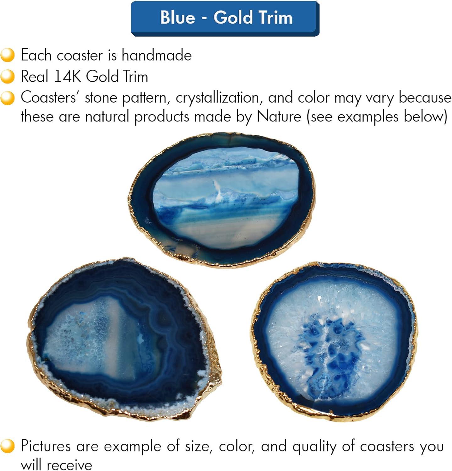 Blue and Gold Rimmed Round Agate Stone Coasters Set