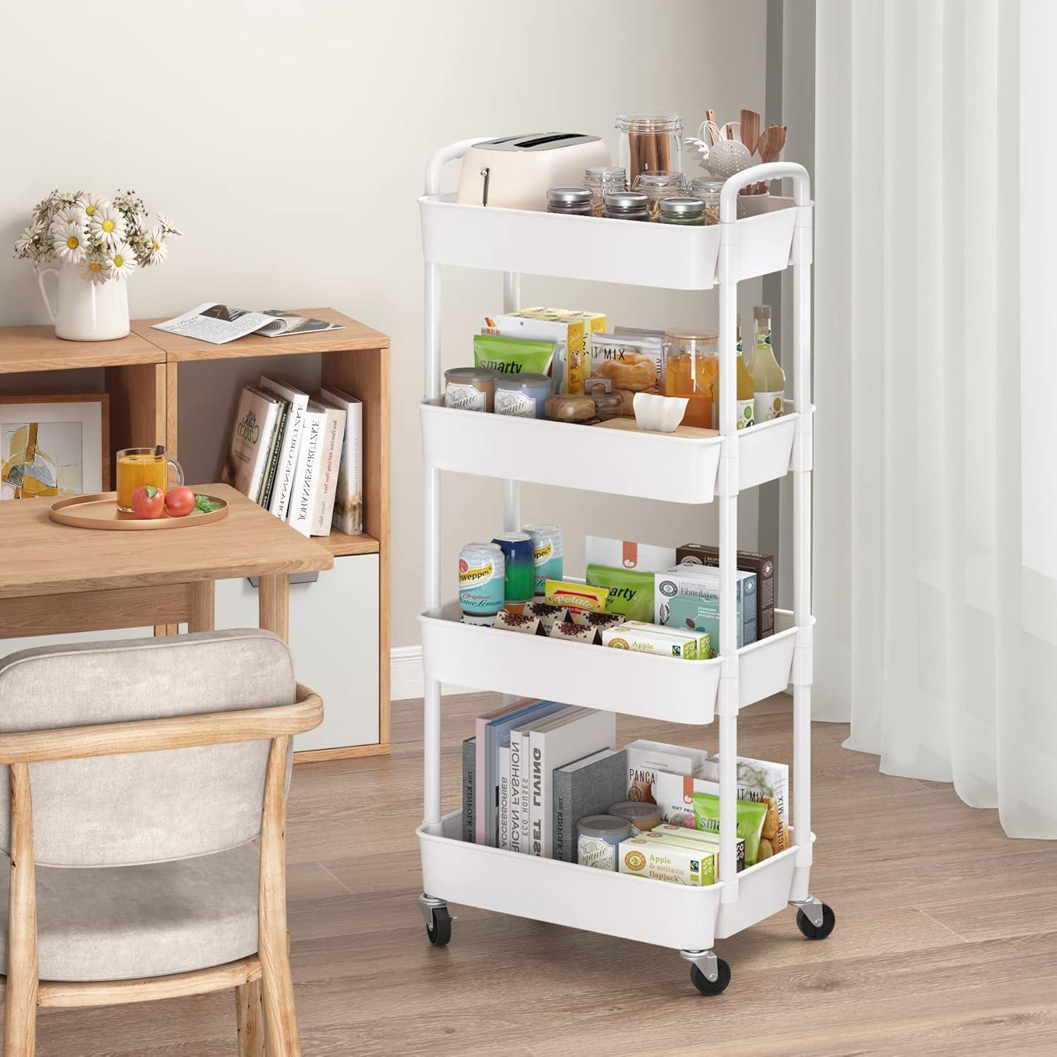 White 4-Tier Plastic Rolling Kitchen Storage Cart with Handle