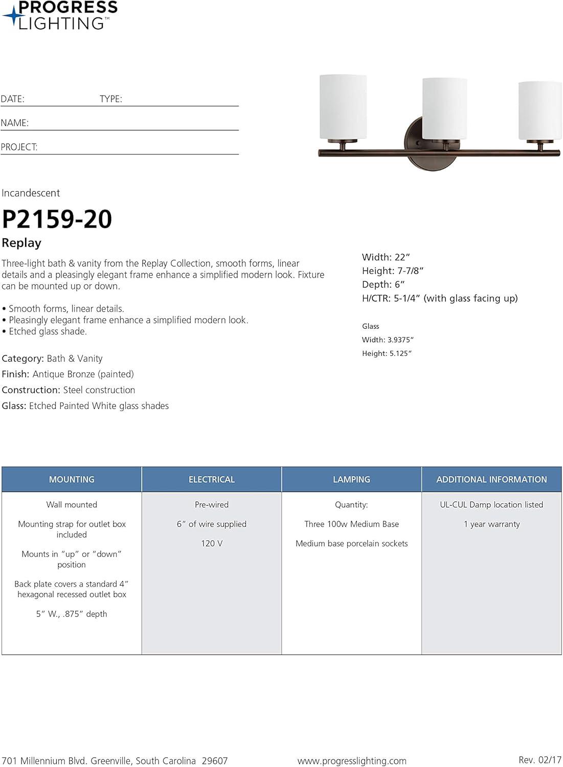 Progress Lighting Replay 3-Light Bath Vanity, Antique Bronze, Porcelain, Up/Down Mounting, Shade Included