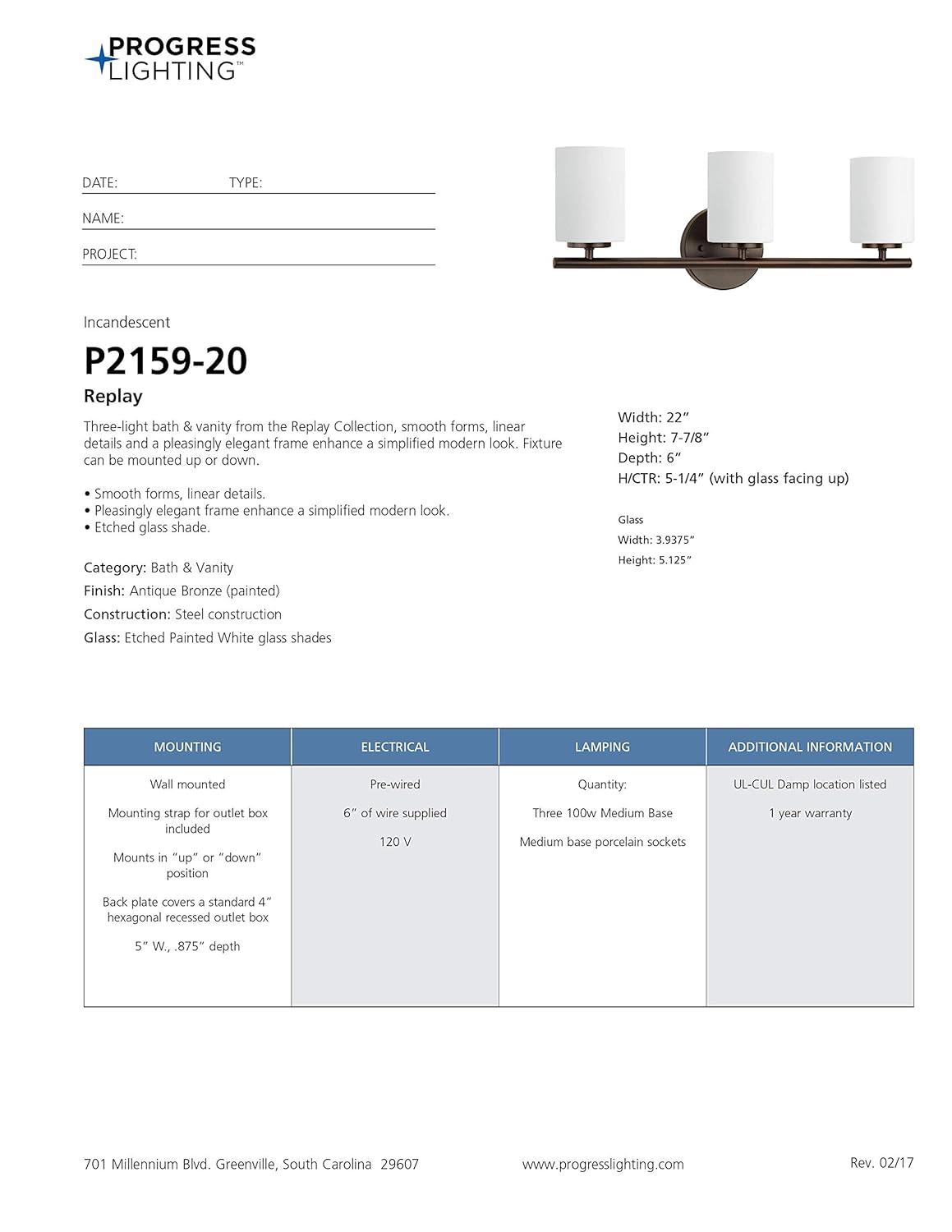 Progress Lighting Replay 3-Light Bath Vanity, Antique Bronze, Porcelain, Up/Down Mounting, Shade Included