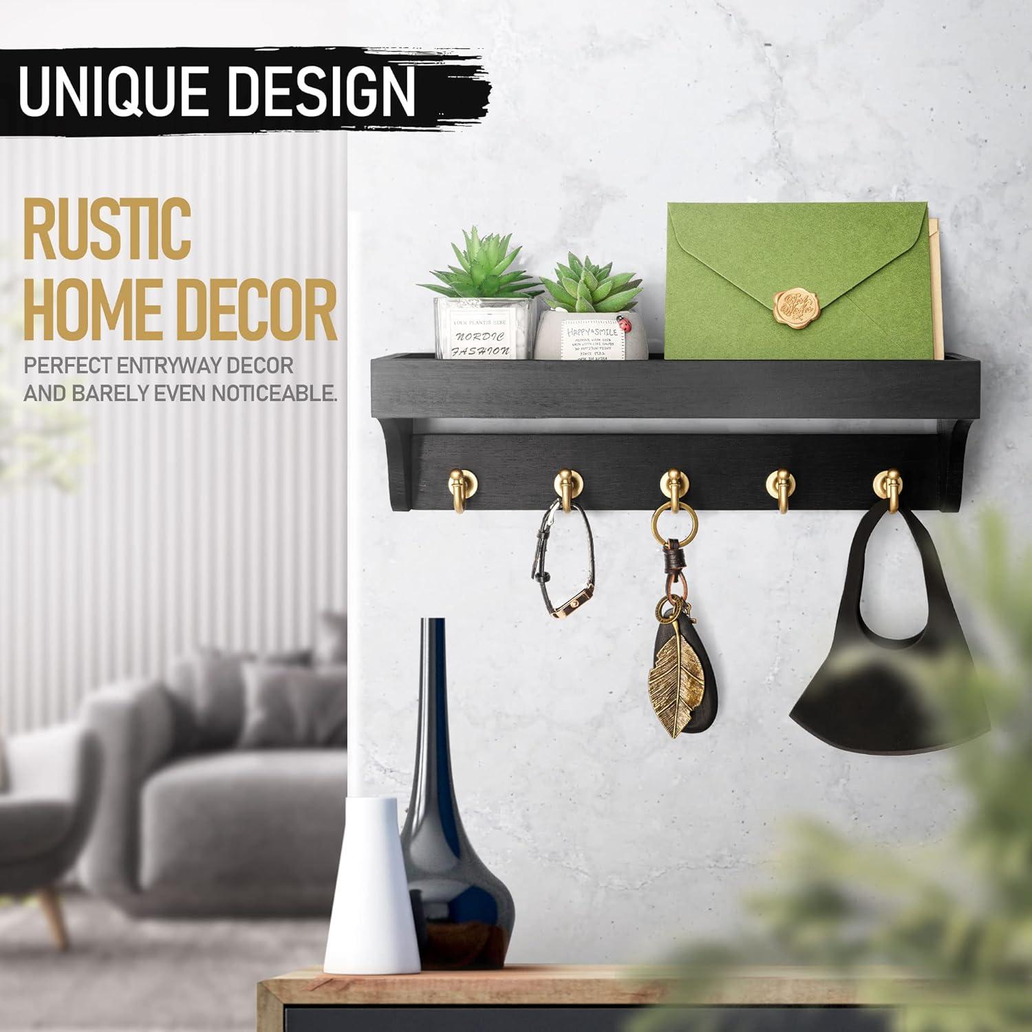 Rebee Vision Decorative Key Holder Wall Mount with Shelf - Modern Mail Organizer with 5 Key Hooks (Black)