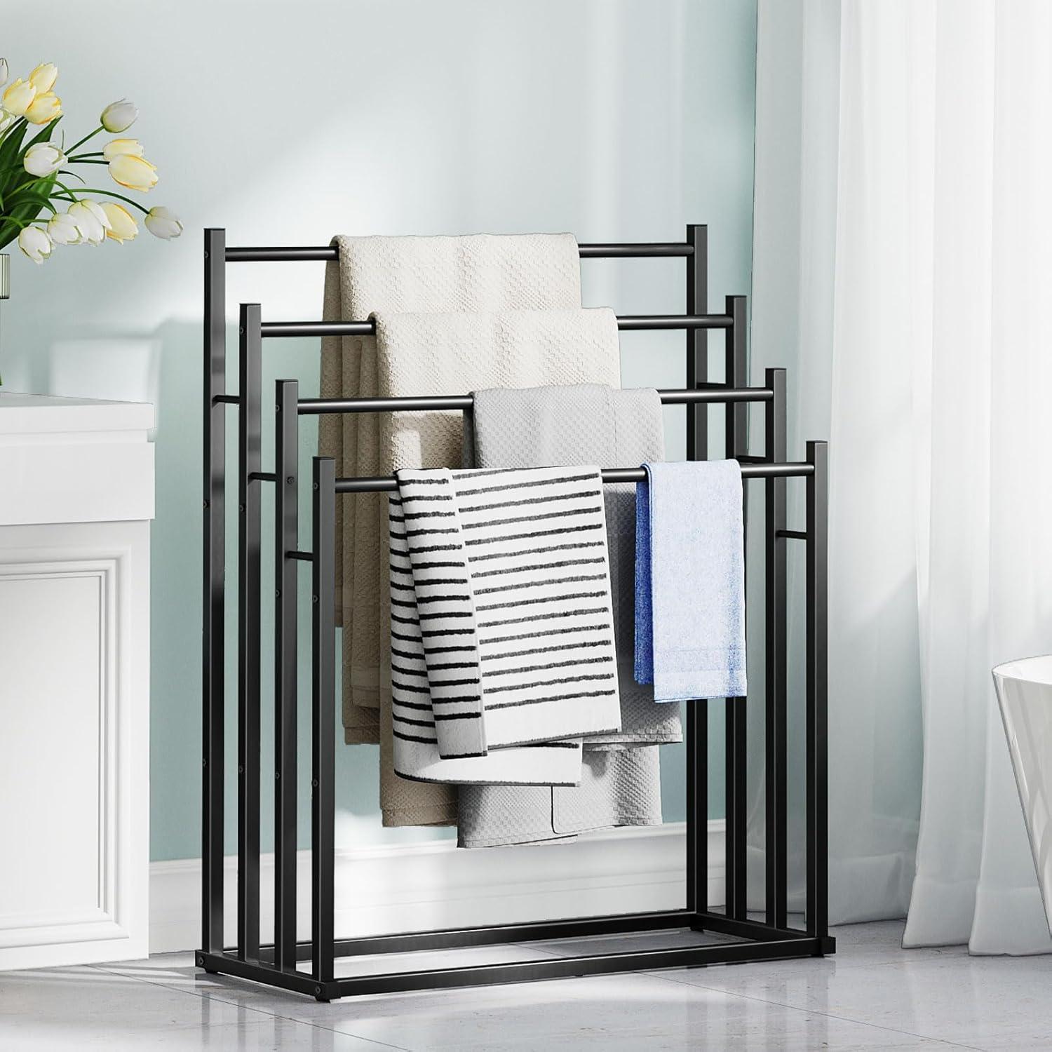 Honiter Towel Racks for Bathroom, 2 Tiers Wider Towel Drying Rack Outdoor, Free Standing Towel Rack, Pool Towel Blanket Stand and Display Rack for Oversized Bath Towels, Black