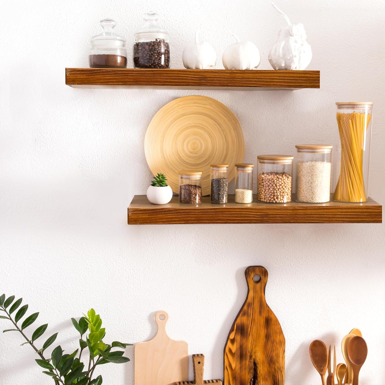 WELLAND Bradley Handmade Wood Floating Shelves Rustic Wall-Mounted Shelves, Set of 2, Walnut Finish