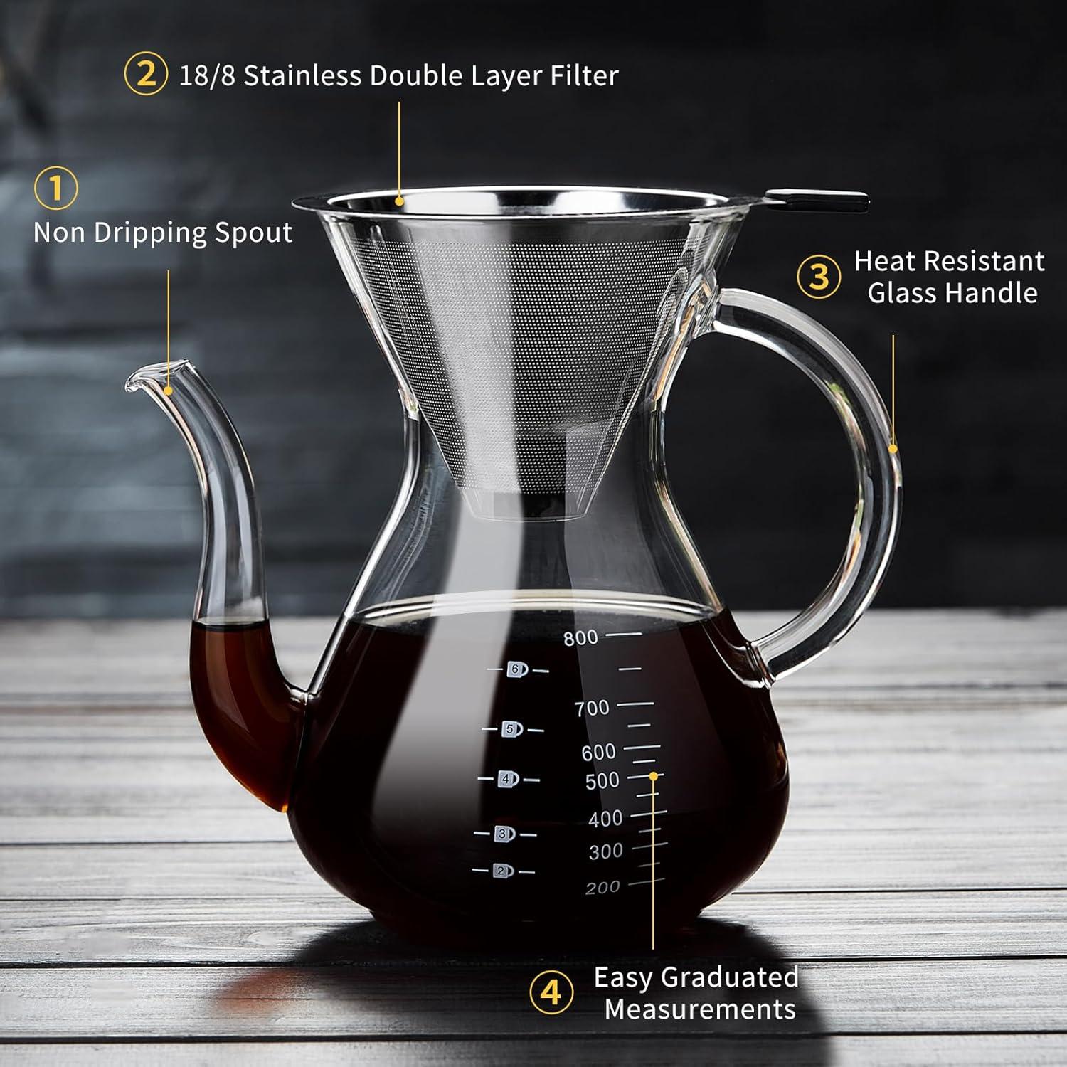 Clear Borosilicate Glass Pour Over Coffee Maker with Stainless Steel Filter