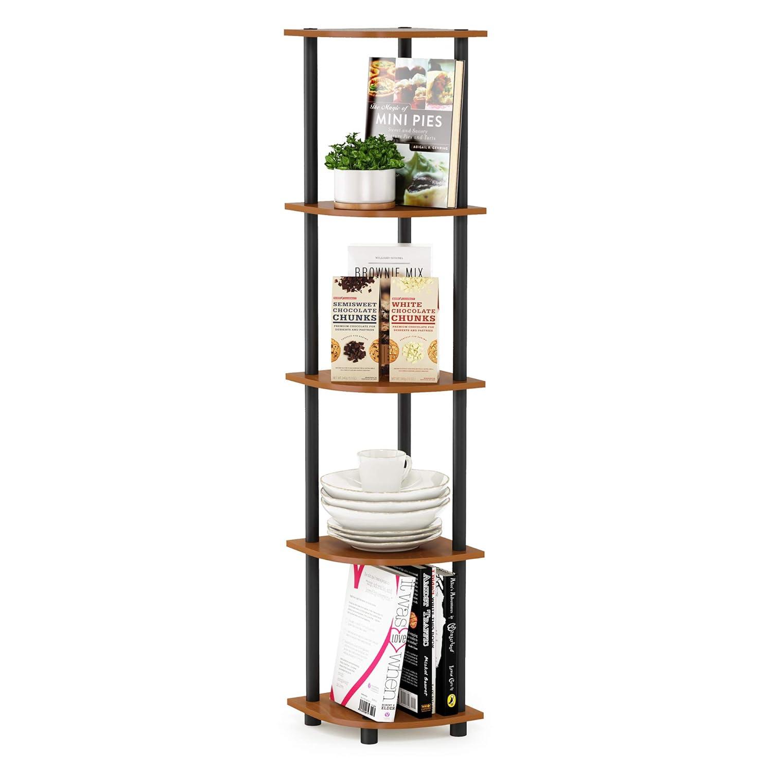 Furinno 11.6 W x 11.6 D x 57.7 H 5-Shelf Corner Display Freestanding Shelving Unit, Light Cherry and Black