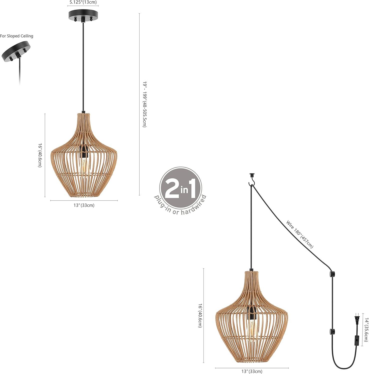 Lucas 13" 1-Light Farmhouse Coastal Rattan 180" Cord Plug-In or Hardwired LED Pendant, Brown