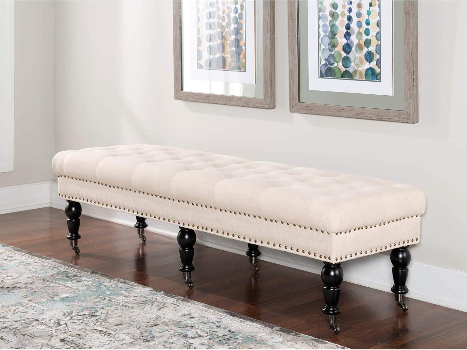62" Isabelle Linen Tufted Bench with Nailhead Trim & Casters - Entryway, Bedroom - Linon