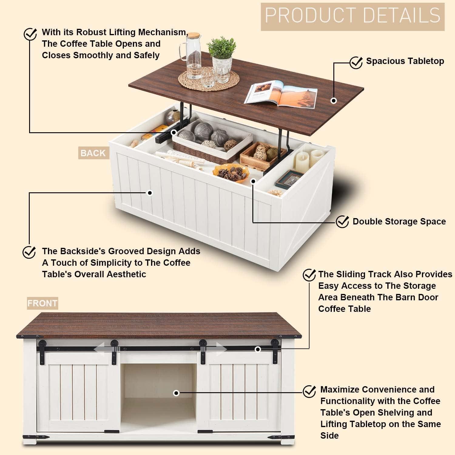 47.3" Lift Top Coffee Table, Farmhouse Coffee Table for Living Room, White Lift Top Coffee Table with Large Hidden Storage Compartment and Sliding Barn Doors, White