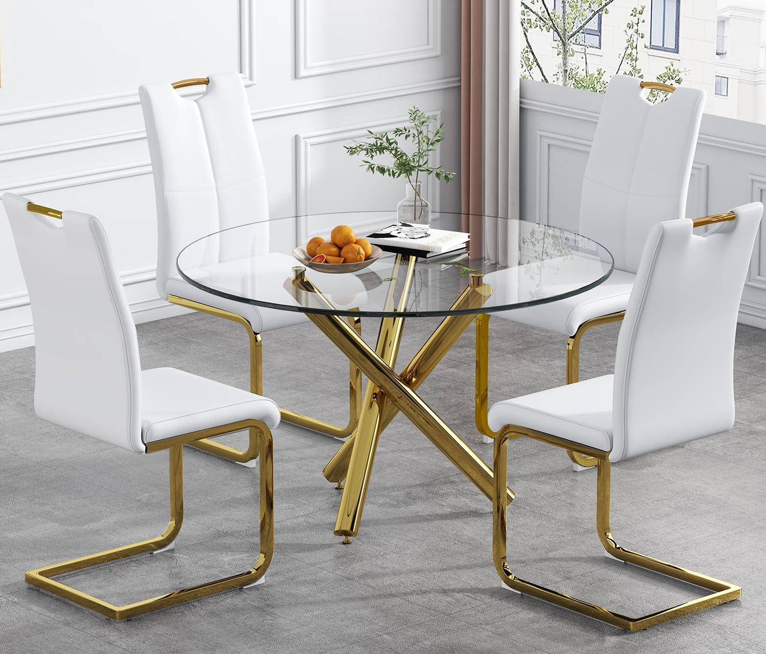 Modern White PU Leather Dining Set with Gold Base and Glass Top