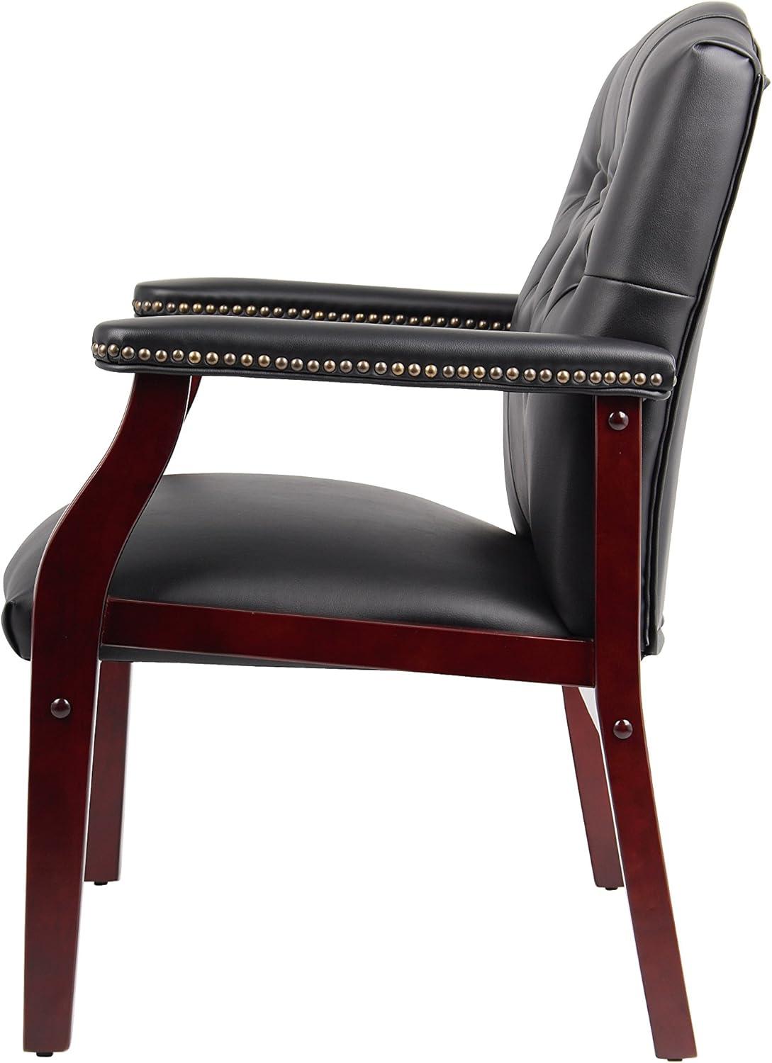 Classic Traditional Button Tufted Black Vinyl Guest Chair with Mahogany Wood Frame