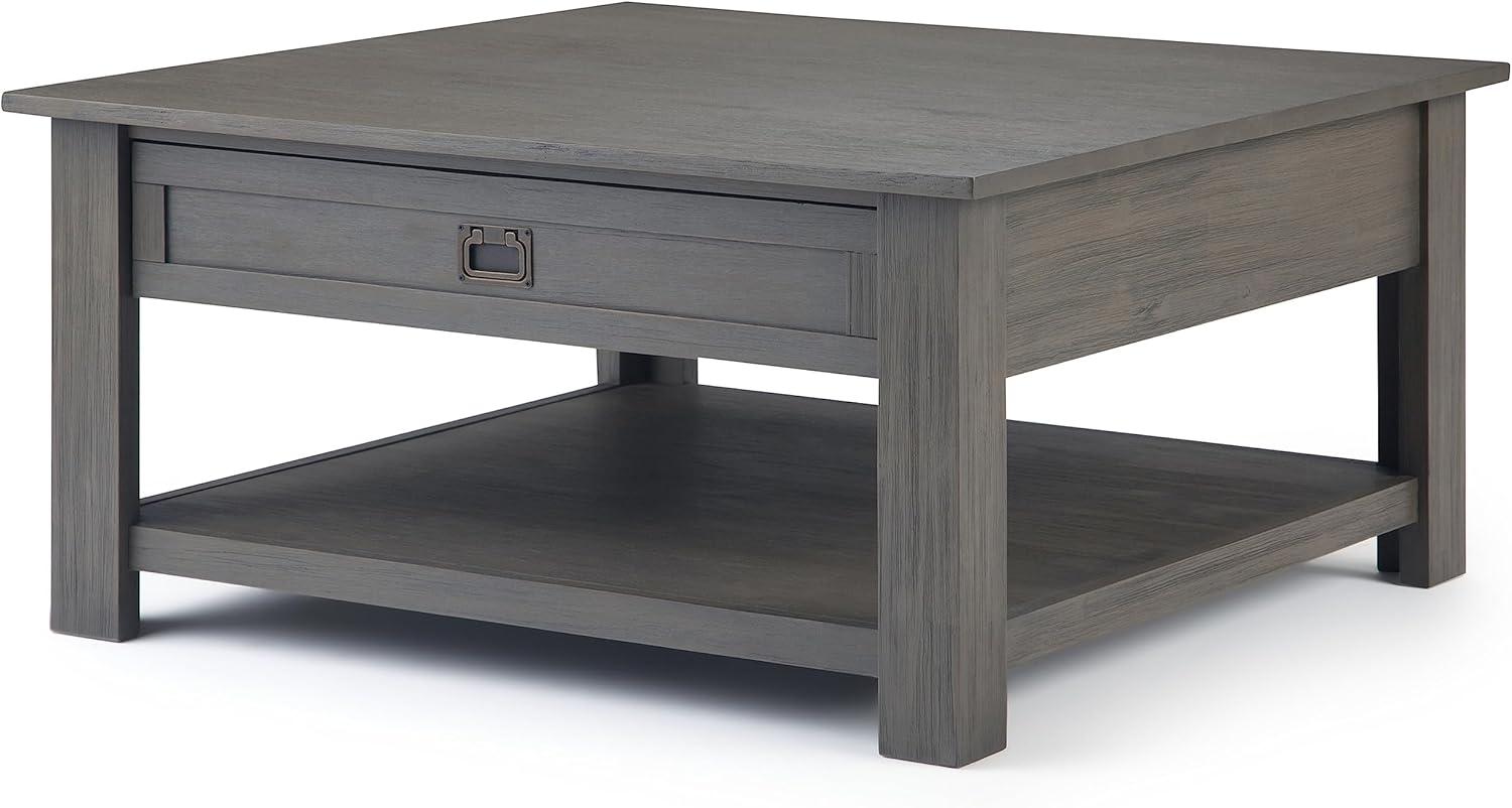 Simpli Home Monroe 38"W Solid Acacia Rustic Square Coffee Table with Large Drawer and Open Shelf