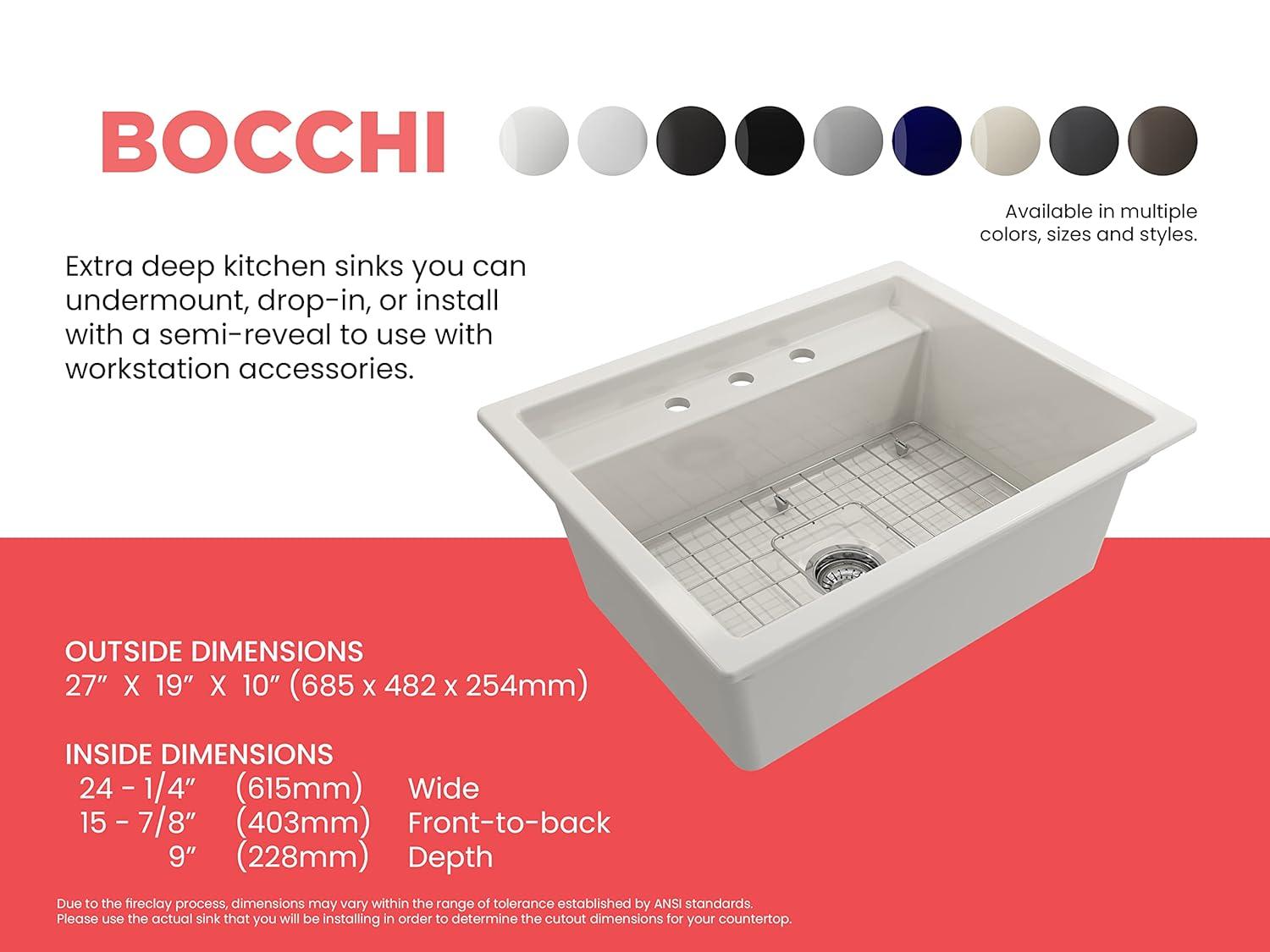 BOCCHI Baveno 27'' L Dual Mount Single Bowl Fireclay Kitchen Sink 1633-001-0127