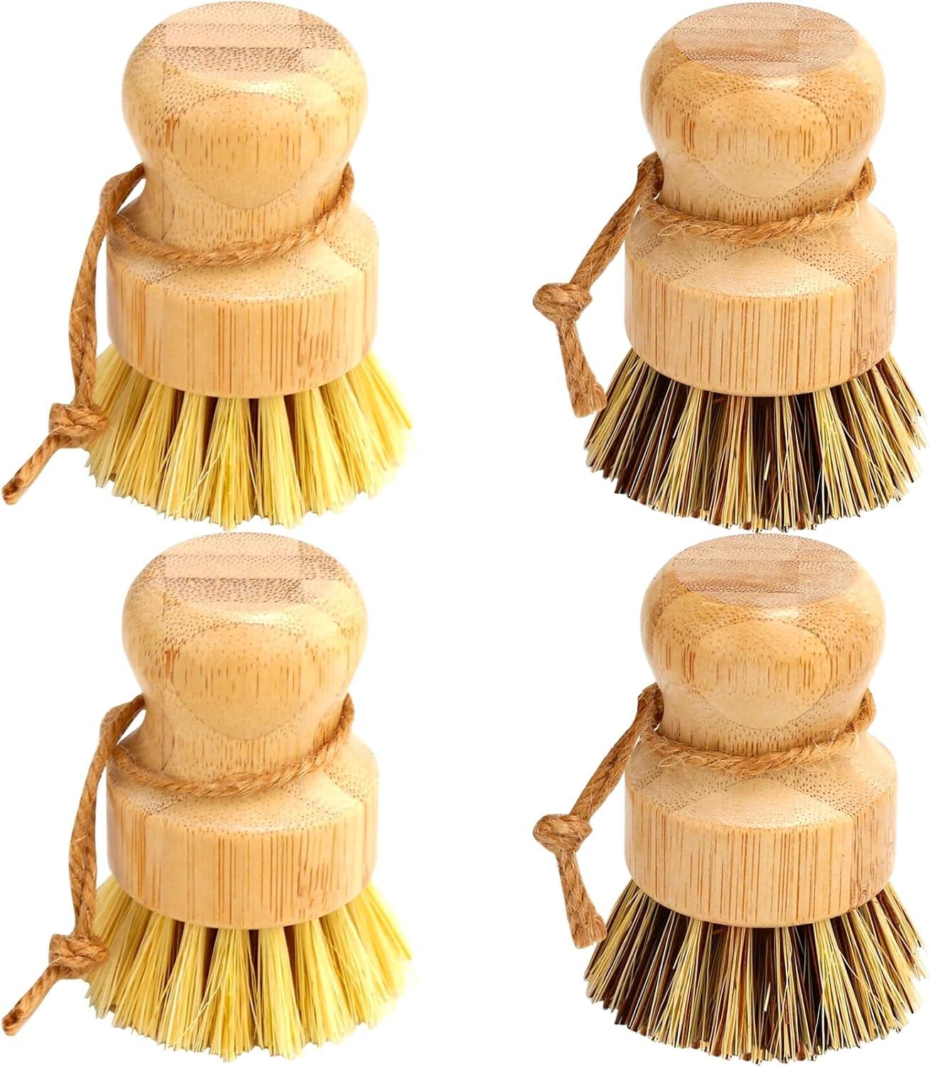 Bamboo Dish Brush Set, 4 Pcs Palm Wooden Dish Scrubber Brush, Dish Brushes, Durable Wood Dishes Scrub Brush, Natural Round Vegetable Cleaning Pots Pans Sink Washing Kitchen Brush by Aisuly