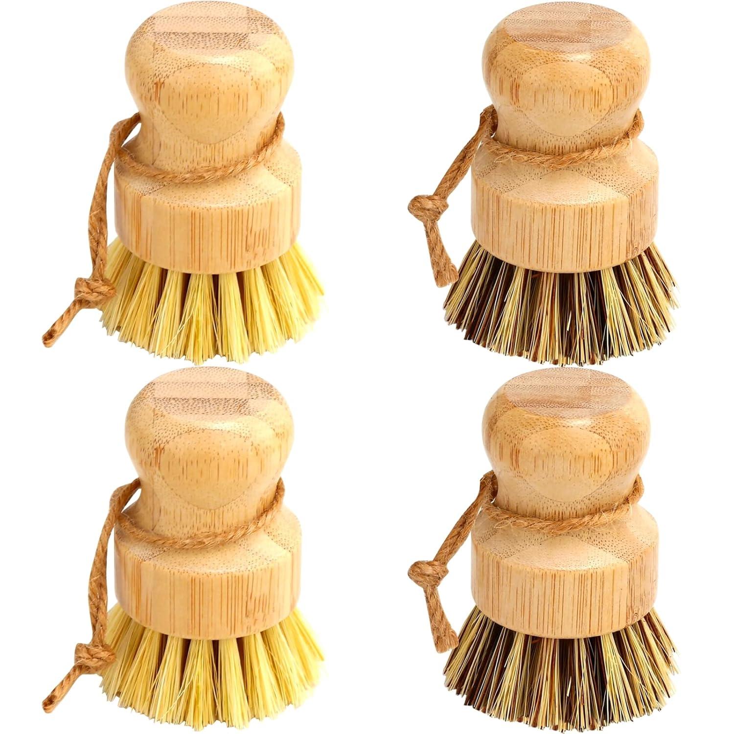 Bamboo Dish Brush Set, 4 Pcs Palm Wooden Dish Scrubber Brush, Dish Brushes, Durable Wood Dishes Scrub Brush, Natural Round Vegetable Cleaning Pots Pans Sink Washing Kitchen Brush by Aisuly