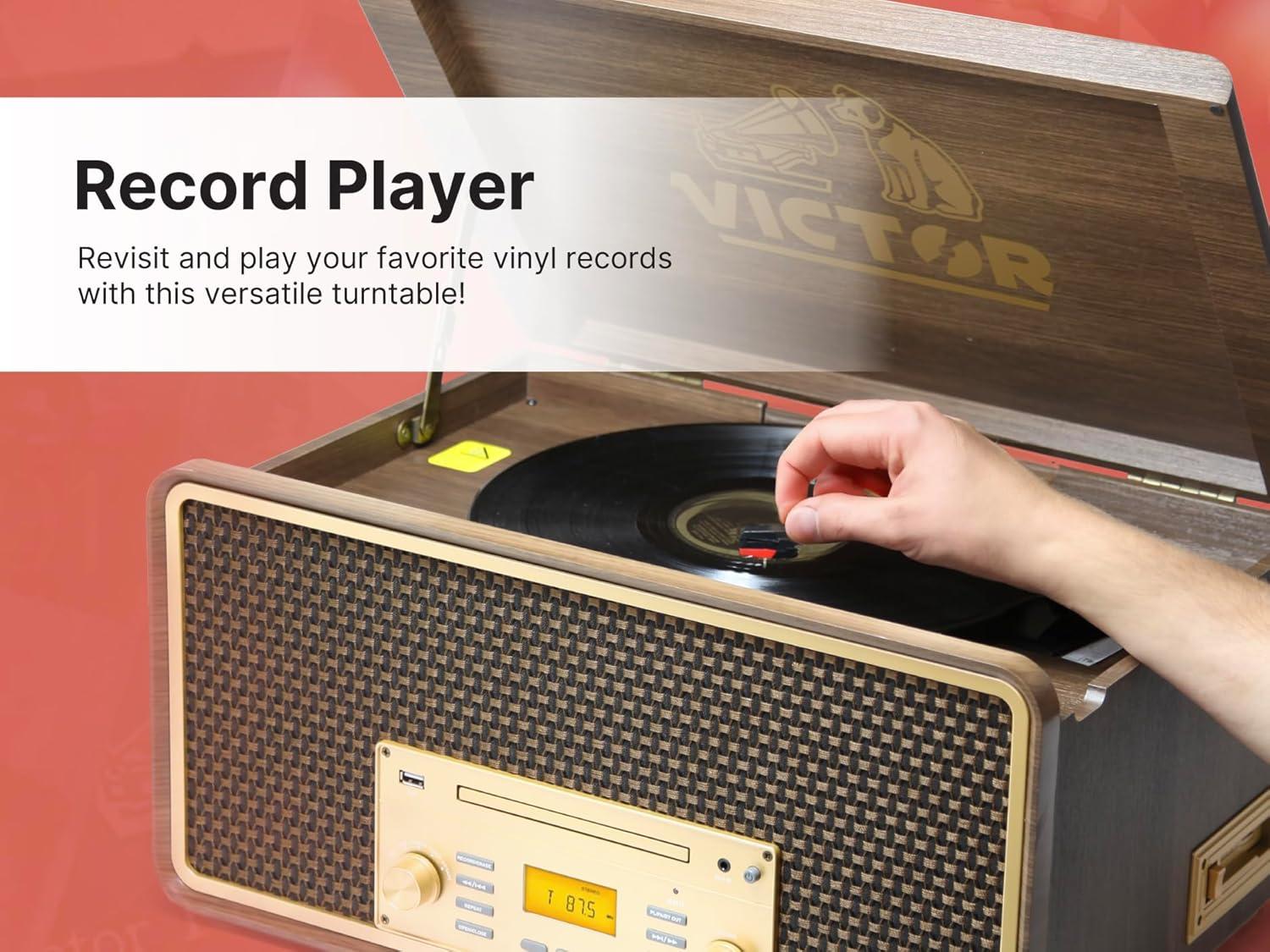 Victor 8-in-1 Wood Music Center with Bluetooth Vinyl Record Player