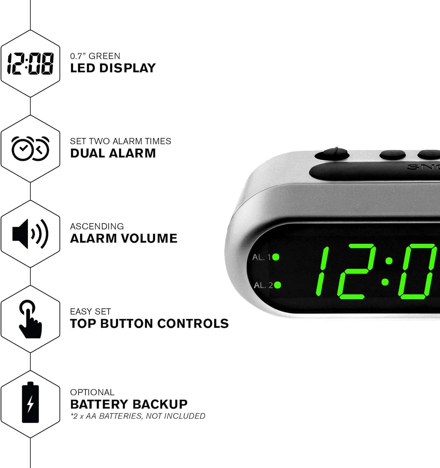 Silver Digital Alarm Clock with Dual Alarms and Battery Backup