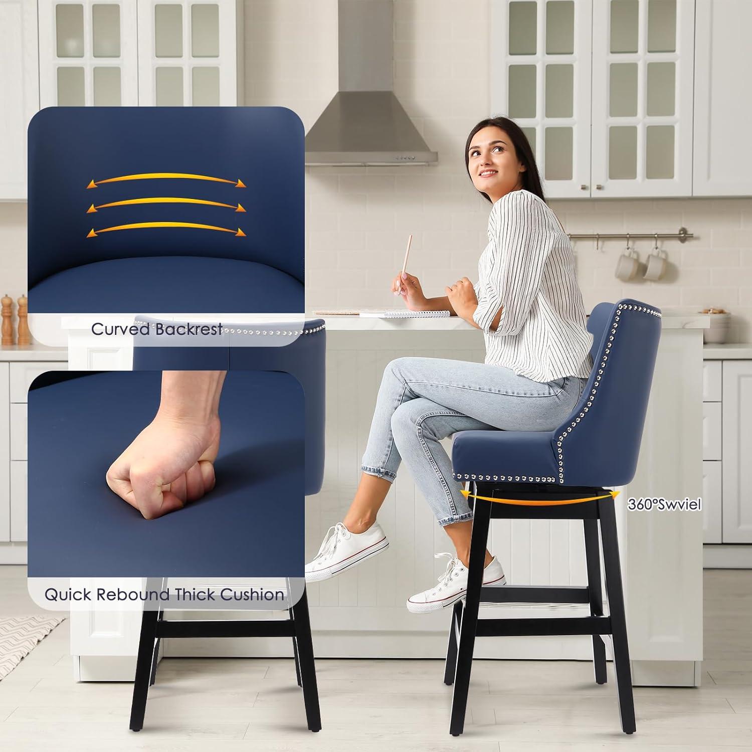 Swivel Bar Stools Set of 2 with Thicker Wood Legs,26" Counter Height Bar Stools,Faux Leather,Blue