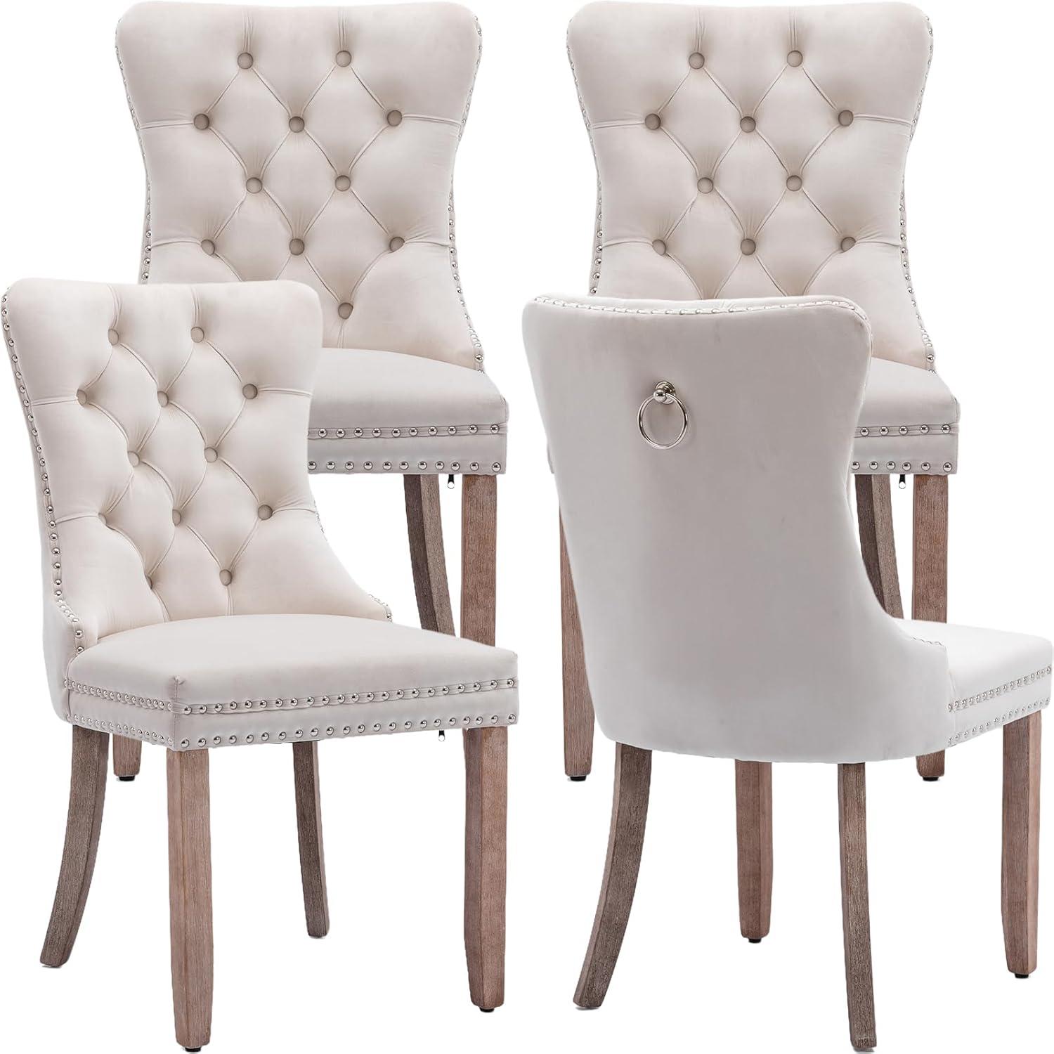 SoarFlash Velvet Dining Chairs Set of 4, Tall Back Side Chair, Modern Upholstered High-end Tufted Side Chair with Button Back Ring, Solid Wood Legs (Beige)