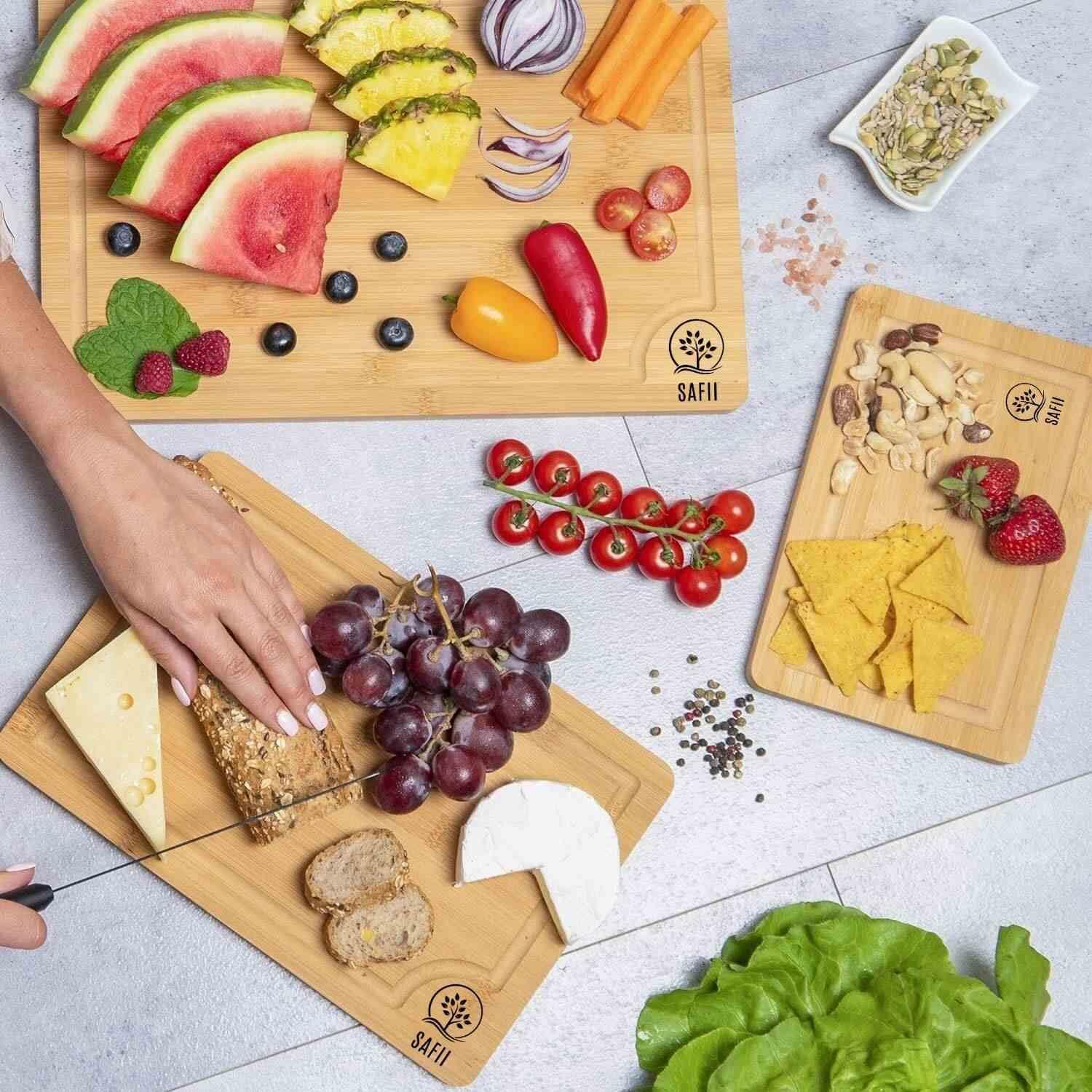 Bamboo Cutting Board Set of 3 with Side Trays - Wood Cutting Boards For Kitchen for Meat, Cheese, Fruits & Vegetables by Royal Craft Wood