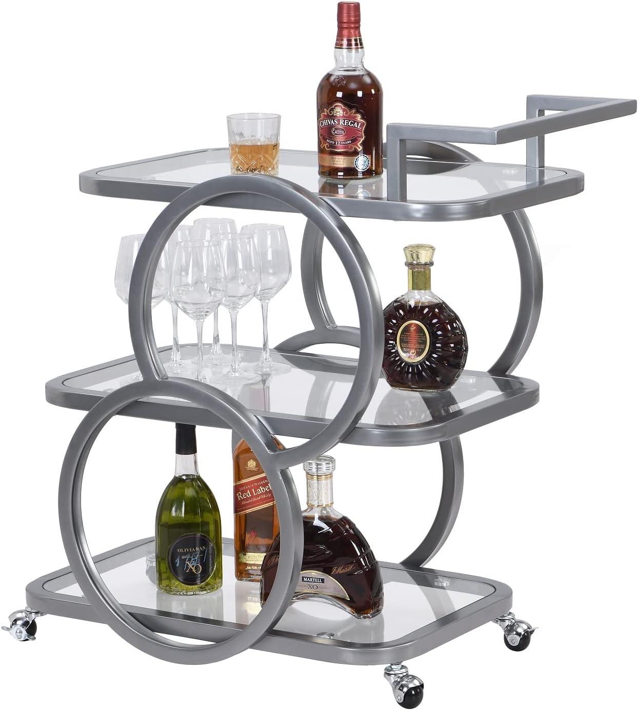 Silver Chrome 3-Tier Glass Bar Cart with Storage