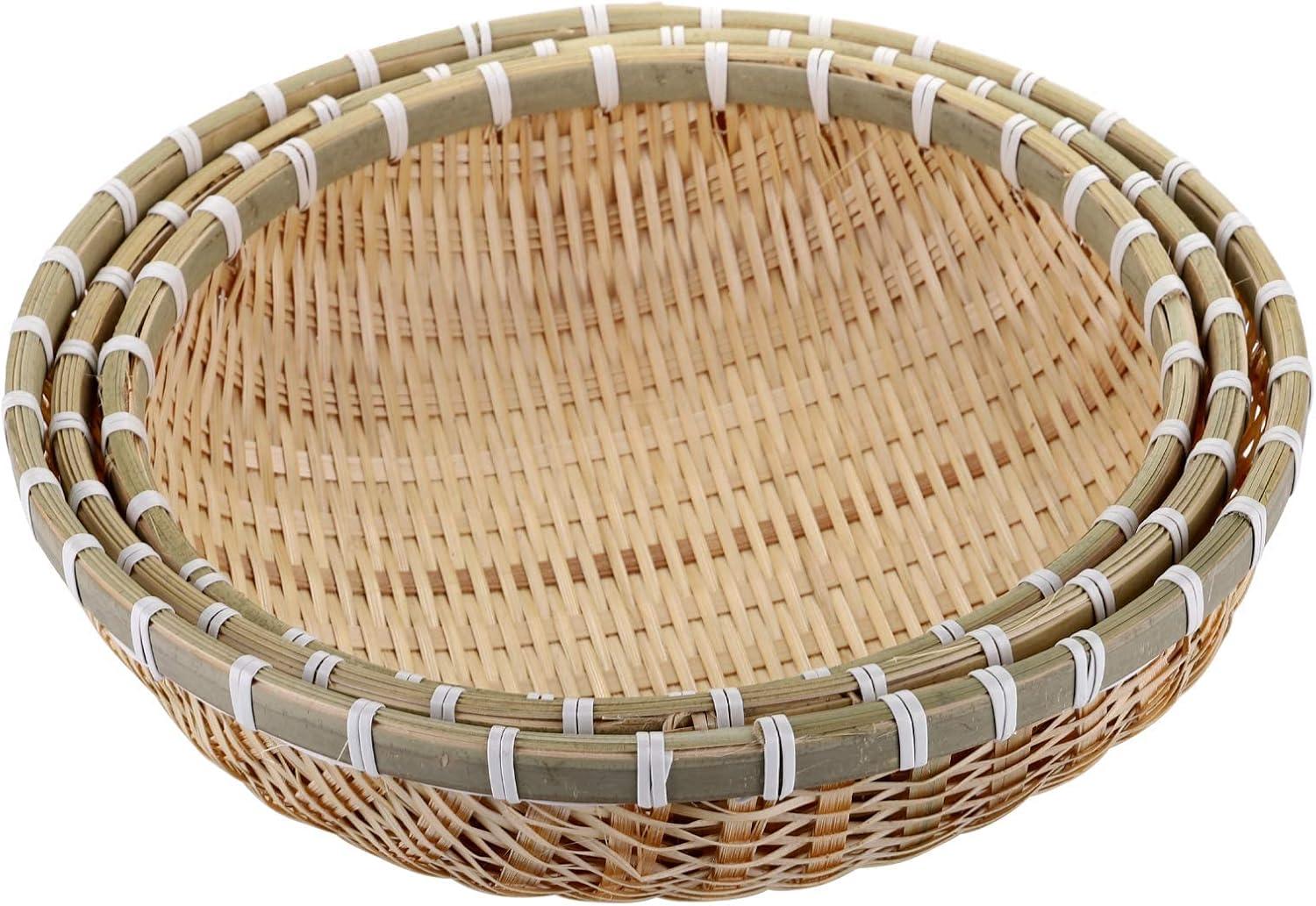 Cedilis 3 Pack Bamboo Basket Tray, Wicker Bread Basket, 100% Natural Handmade Woven Fruit Basket, U Shape Holder Flat Shallow Vegetables Serving Basket, Stackable, 10Inch, 11Inch, 12Inch