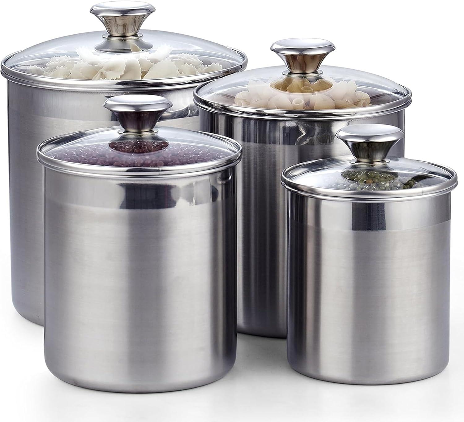 Cooks Standard Stainless Steel Food Jar Storage Canister Set Large 4-Piece, 1.6qt/2.5qt/3.5qt /5qt Airtight Containers with Glass Lid for Tea Coffee Sugar Flour Pantry Kitchen Counter