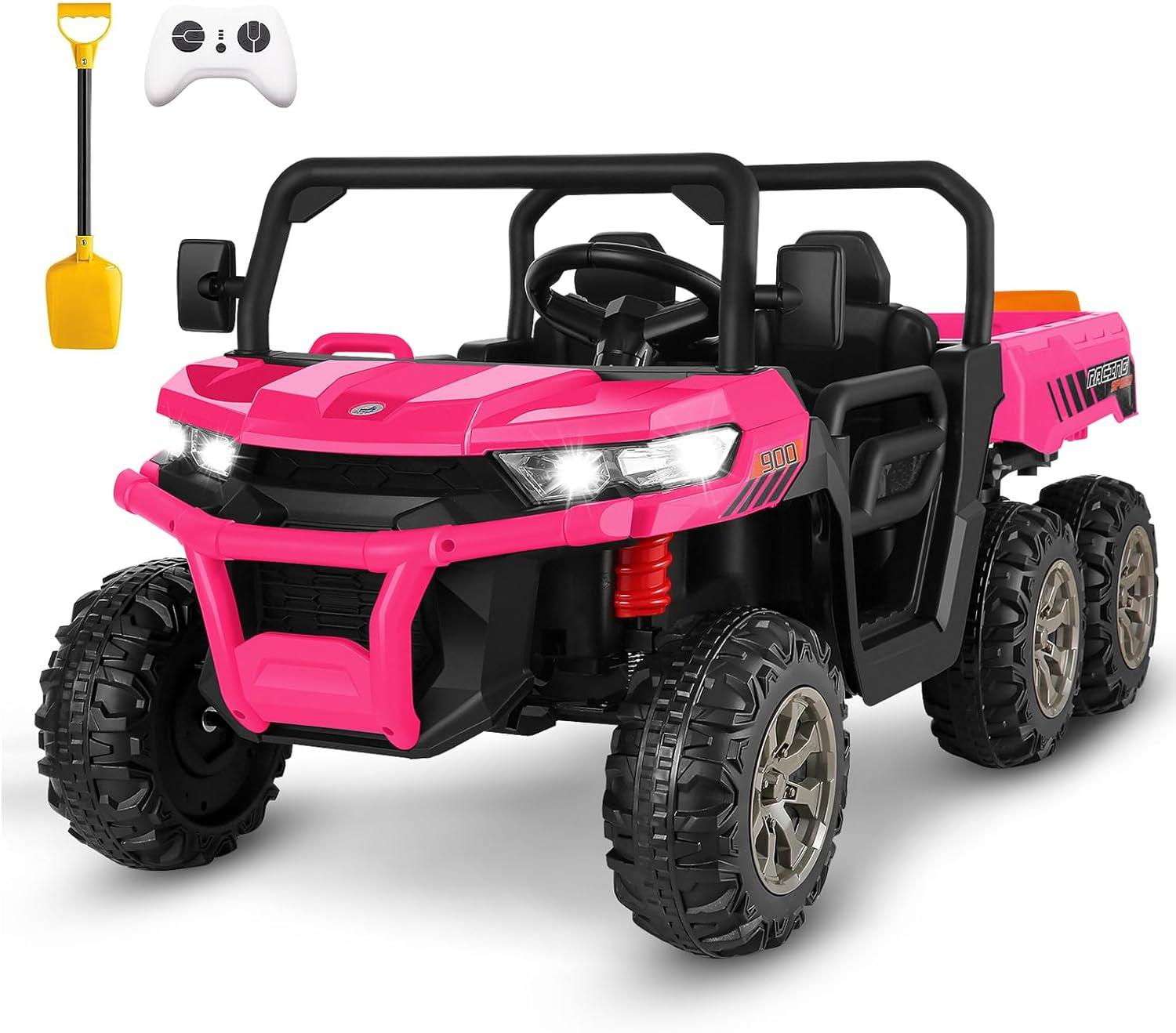 24V Kids Ride on Dump Truck with Remote Control, 2 Seater Powered 4-Wheel UTV Toys, 2x200W Ride on Tractor Car w/ Electric Dump Bed, Shovel, Bluetooth Music, Pink