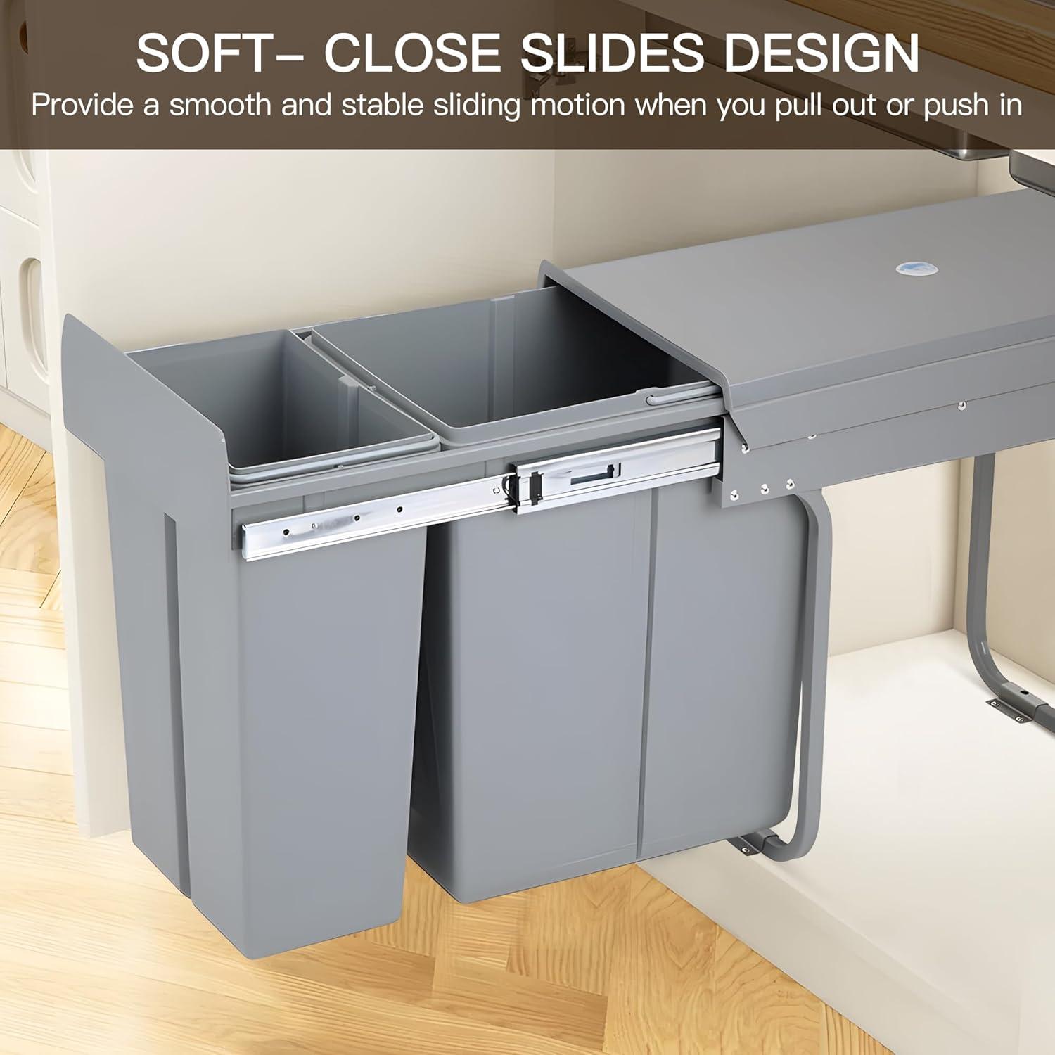 Pull Out Trash Can Under Cabinet Under Sink Double Sliding Trash Can Kitchen 20 + 10 Quart Recycling Bin Waste Container for Garbage Classification，Under Cabinet Bottom Mount