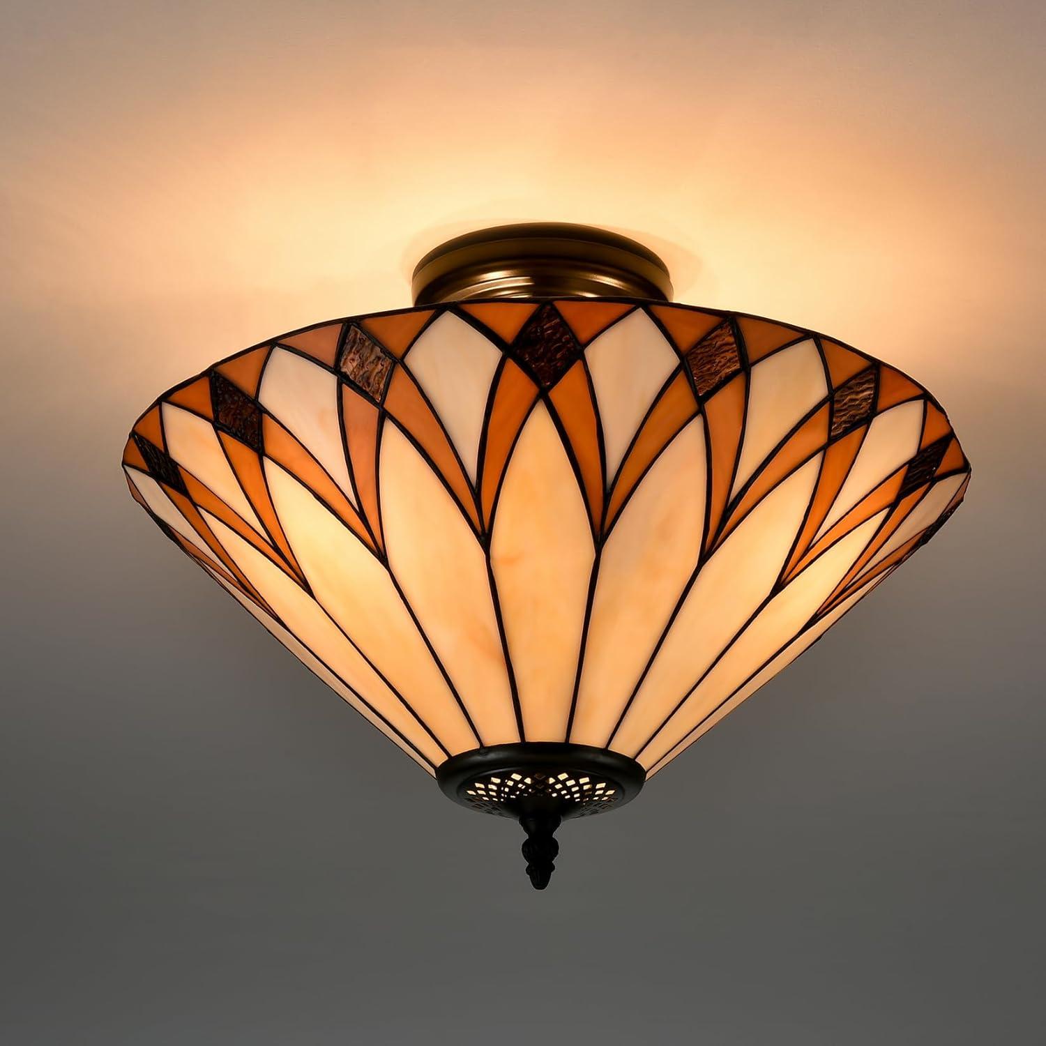Vintage Tiffany Style Stained Glass Semi Flush Mount Ceiling Light