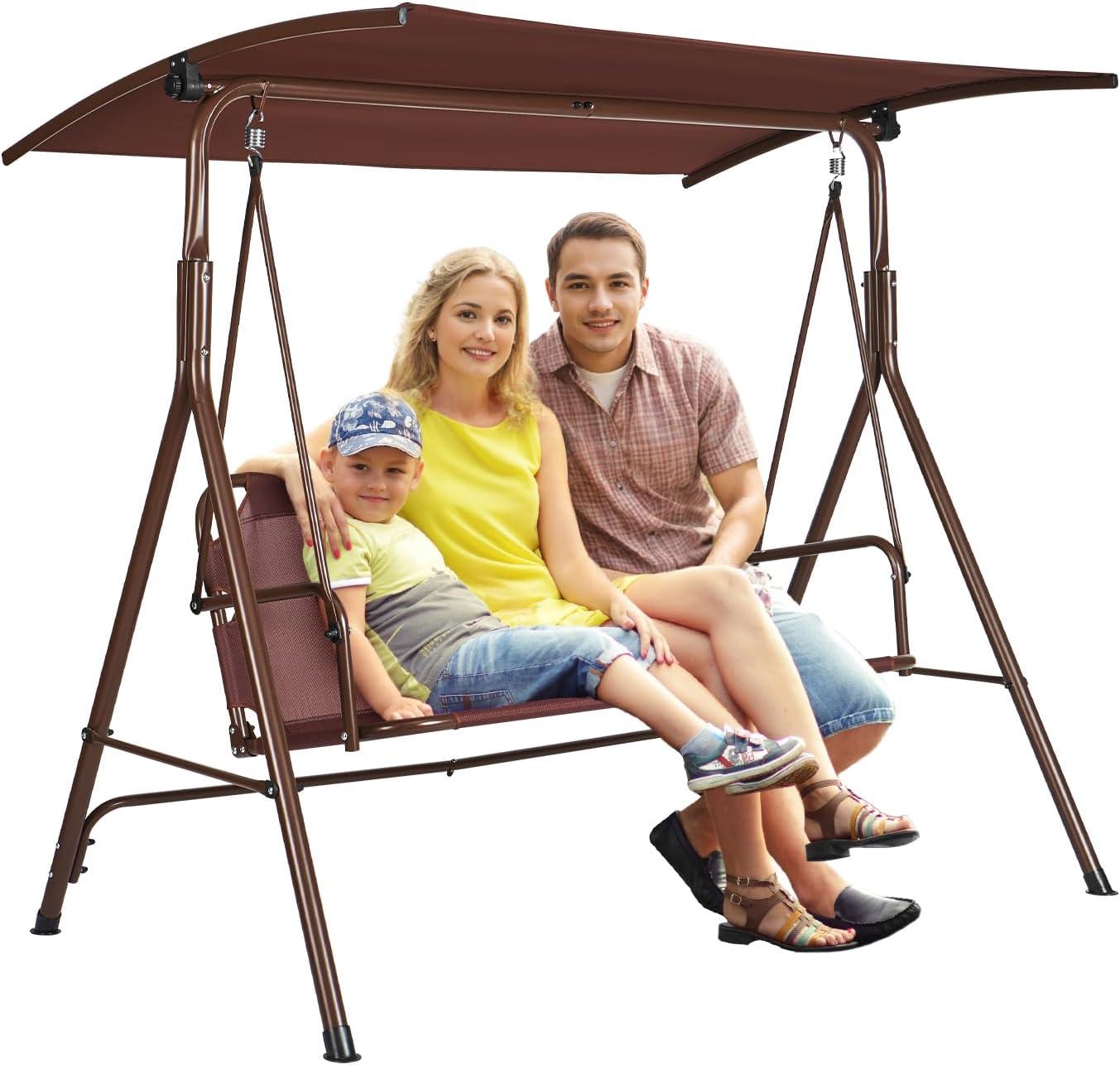 3-Person Patio Swing Chair Outdoor Patio Swing with Adjustable Canopy Porch Swing