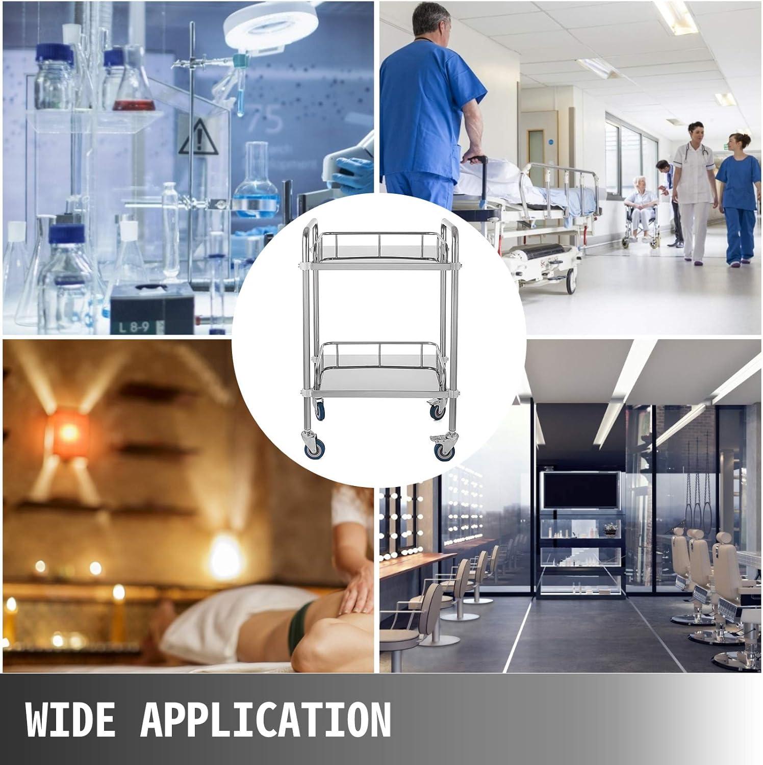 VEVOR Lab Rolling Cart, 2-Shelf Stainless Steel Rolling Cart, Lab Serving Cart with Swivel Casters, Dental Utility Cart for Clinic, Lab, Hospital, Salon, 15.16"x21.57"x34.06"
