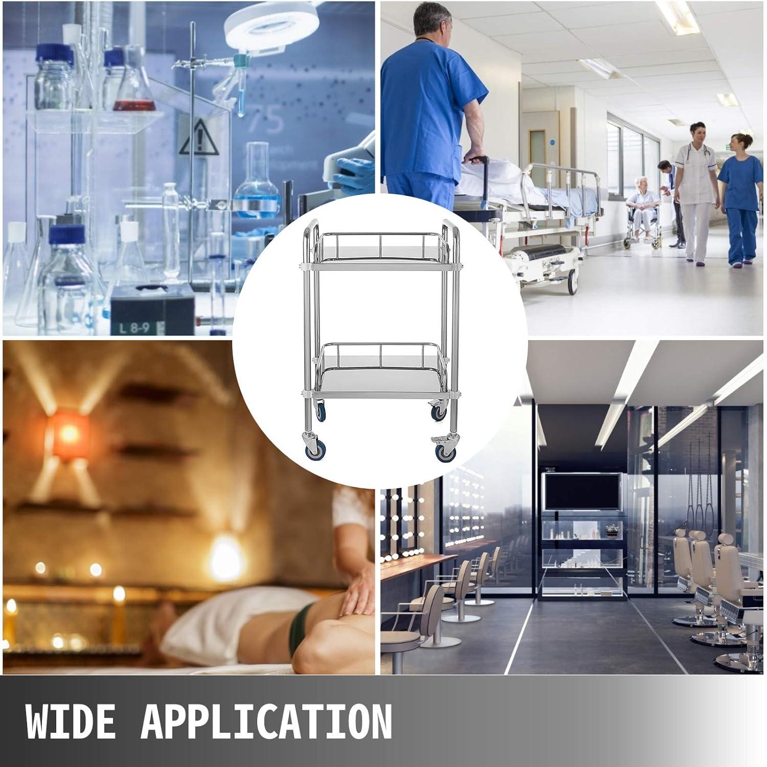 VEVOR Lab Rolling Cart, 2-Shelf Stainless Steel Rolling Cart, Lab Serving Cart with Swivel Casters, Dental Utility Cart for Clinic, Lab, Hospital, Salon, 15.16"x21.57"x34.06"