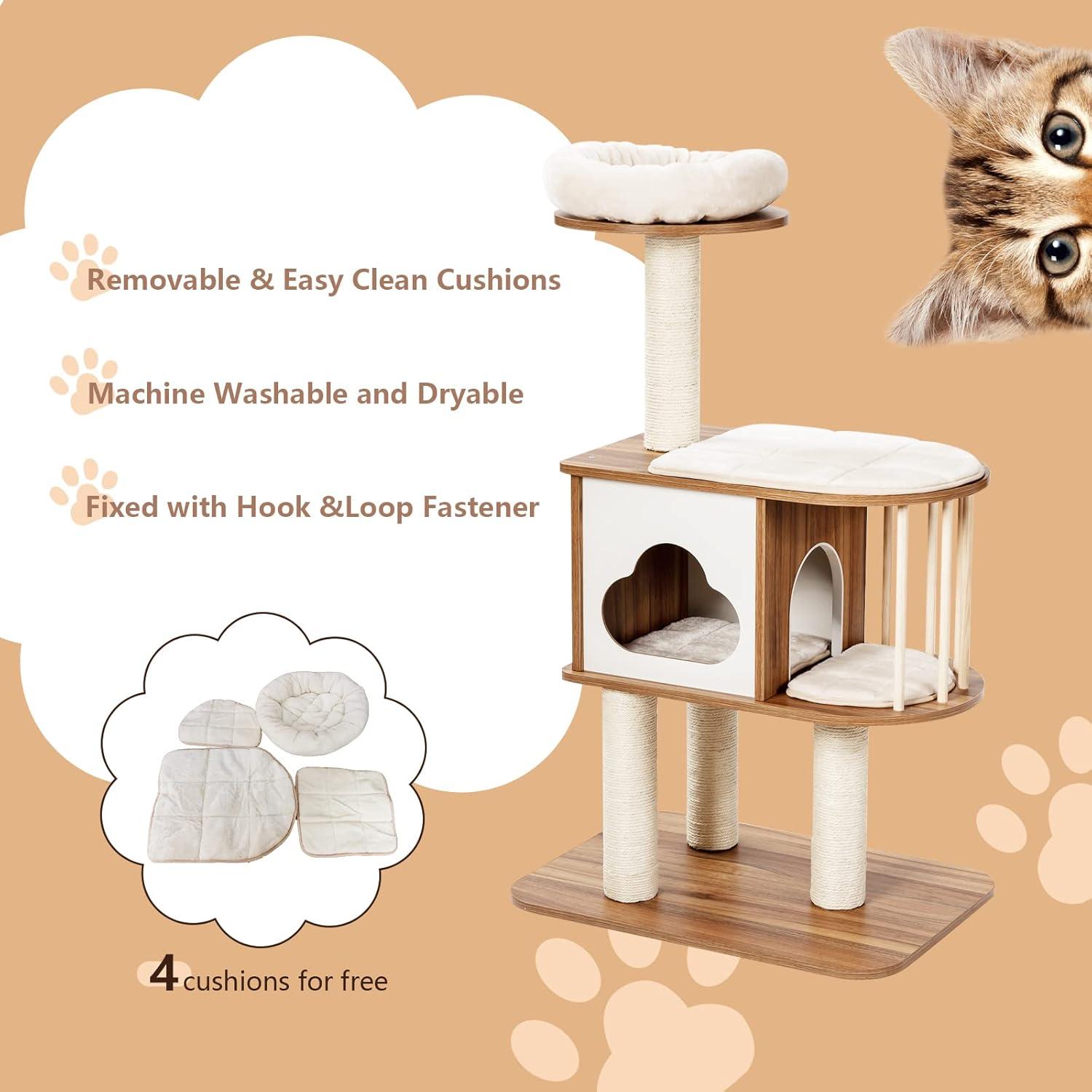 46'' Light Gray Wooden Cat Tree with Sisal Posts and Cushions