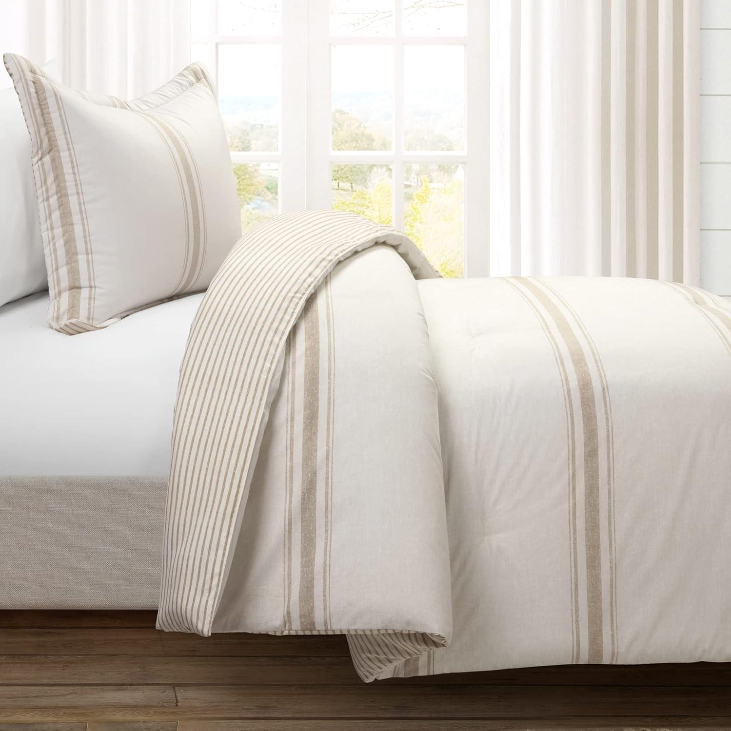 2pc Twin/Twin Extra Long Farmhouse Stripe Reversible Comforter & Sham Set Neutral - Lush Décor: Year-Round Plain Weave