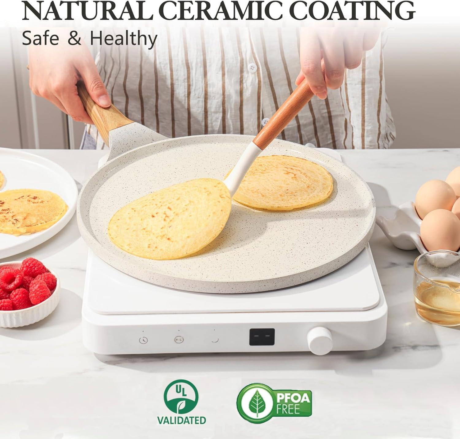 SENSARTE Nonstick Crepe Pan with Spreader, 10-Inch Natural Ceramic Coating Dosa Pan Pancake Flat Skillet Tawa Griddle with Stay-Cool Handle, Induction Compatible (White)