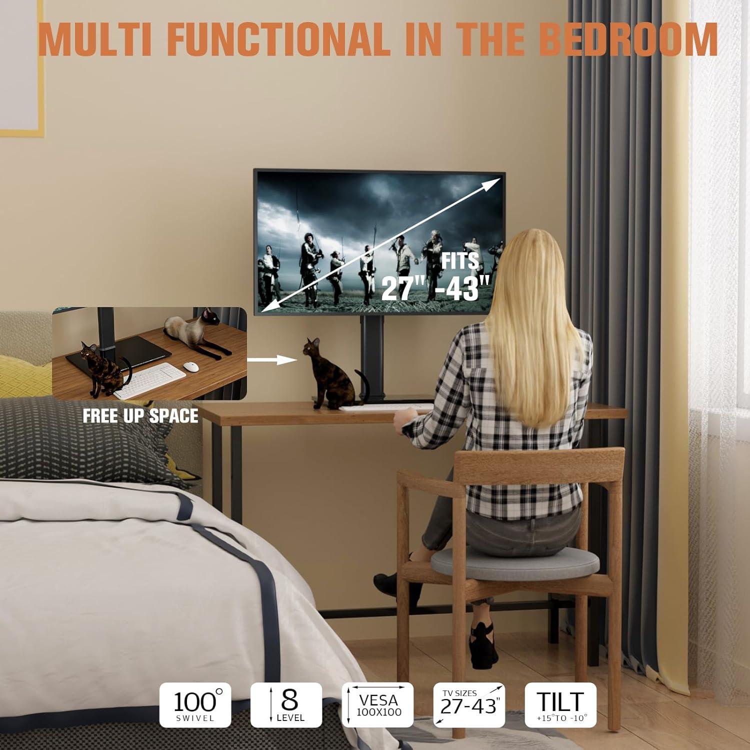 Single Monitor Stand Freestanding 27-43 Inch Monitor Arm Curved Screen Monitor Mount Tempered Glass Base Adjustable Motion Tilt -15° to 10° Swivel ±45° Rotation 360° Weight Capacity 77lbs HT05B-003