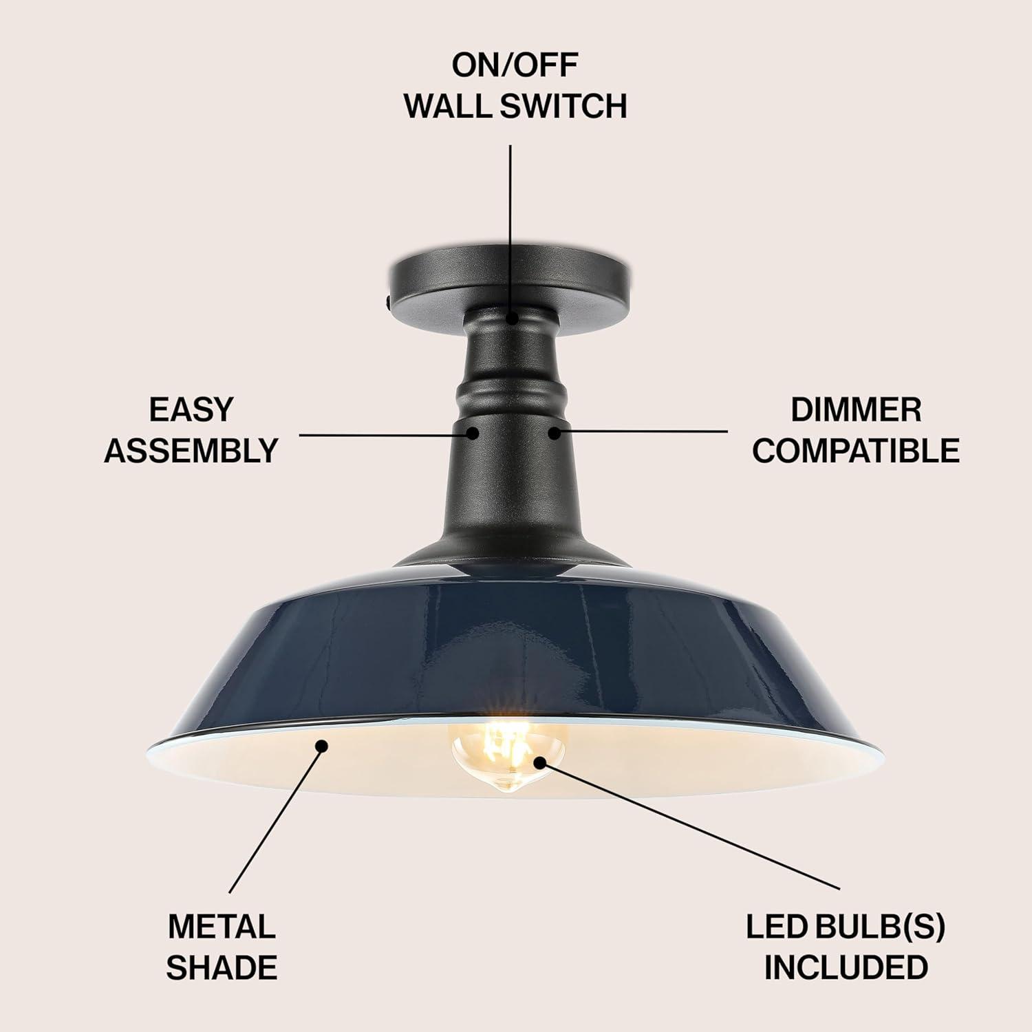 JONATHAN Y JYL7617C Camila 14" 1-Light Classic Industrial Indoor/Outdoor Iron LED Semi Flush Mount Mid-Century, Rustic 2700K Cozy Warm Light Kitchen Hallway Bathroom Stairwell, Navy/White