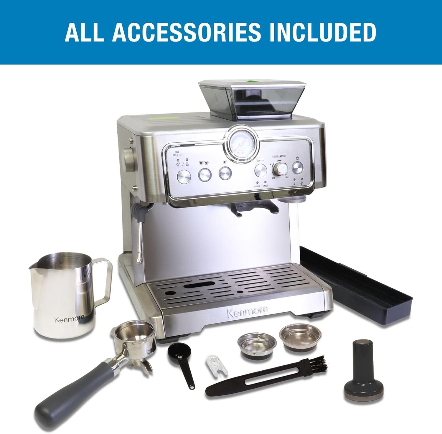 Kenmore Kenmore Espresso Machine With Grinder & Milk Frother, 15 Bar Espresso Coffee Maker, Stainless Steel